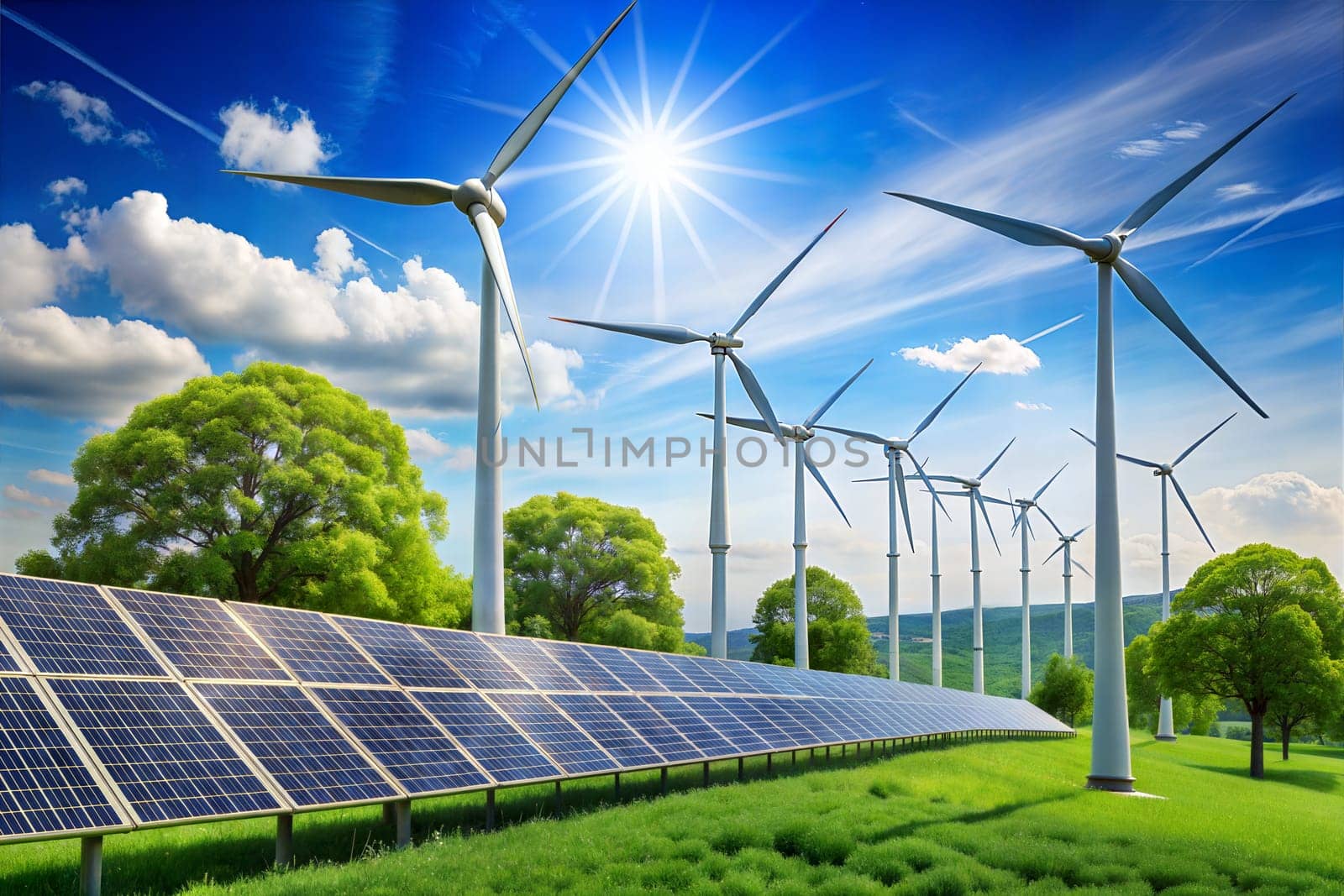 Wind turbines and solar panels integrated into the environment. Renewable eco-friendly energy sources. Ai generated by alenamoore