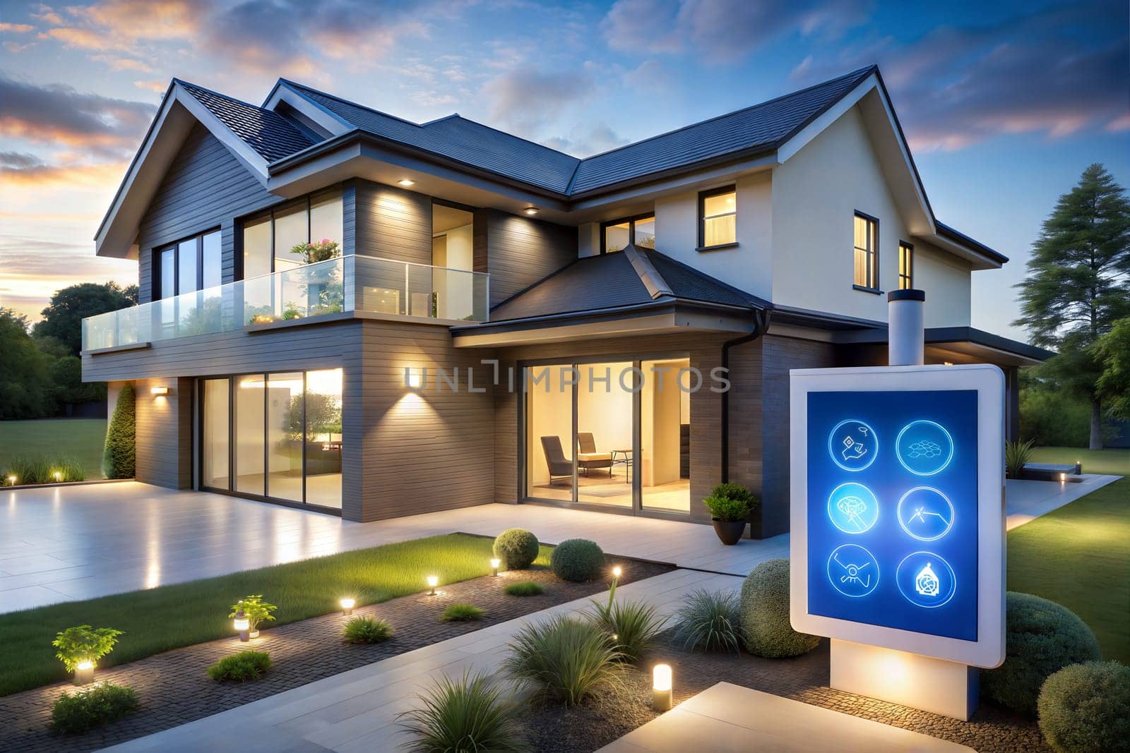 Smart modern home equipped with smart devices, lighting systems, security cameras, and home assistants. Ai generated by alenamoore