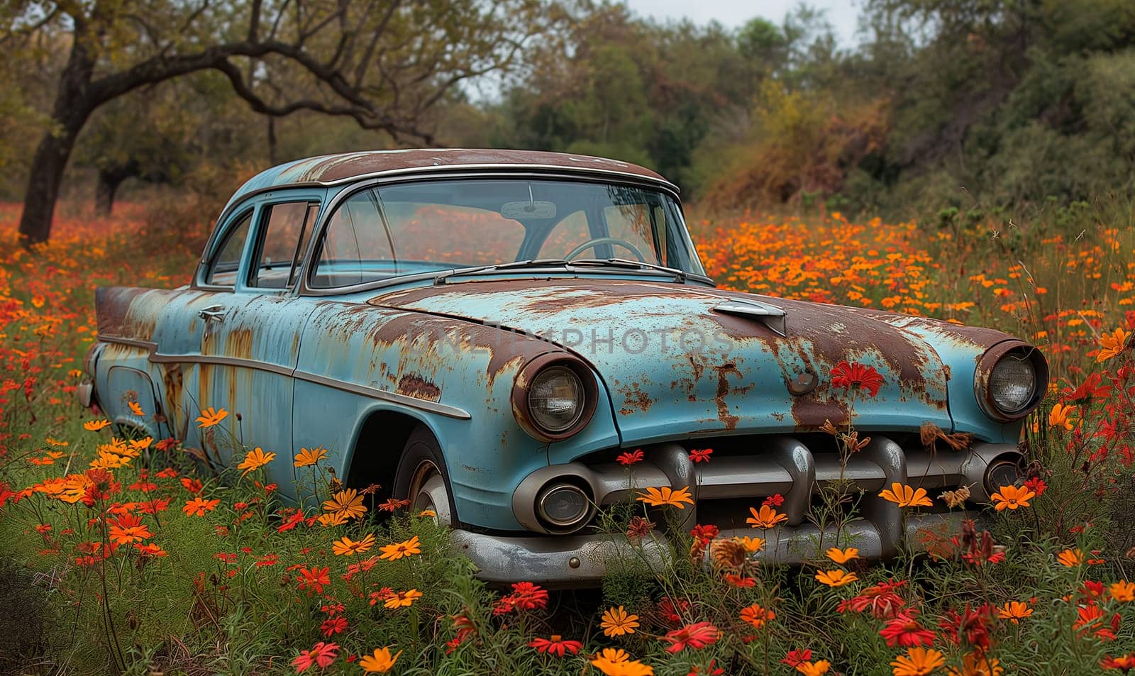 A blue rusty car surrounded by wildflowers. by Fischeron