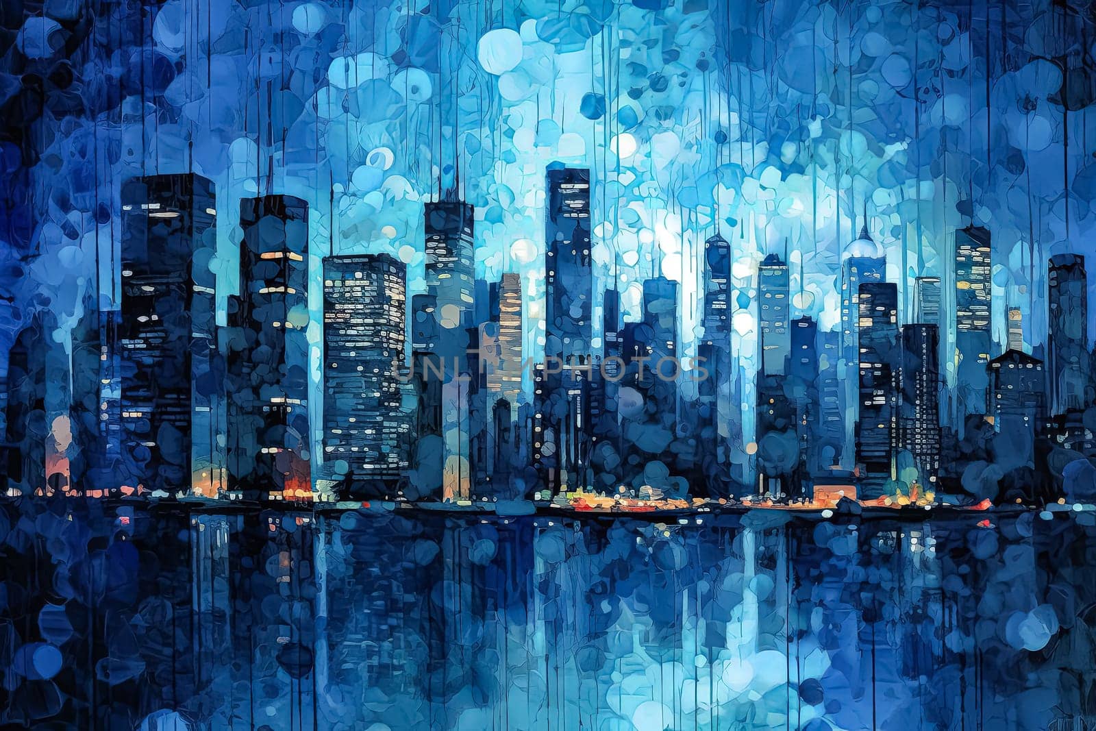 A cityscape with a large body of water in the background. The city is lit up at night, creating a moody atmosphere