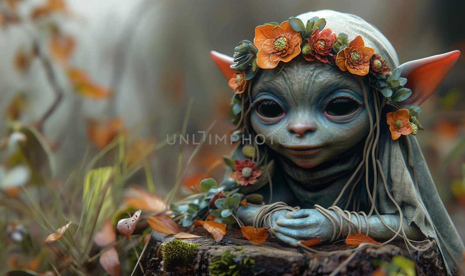 3D, cartoon goblin in the forest, close-up. Selective focus