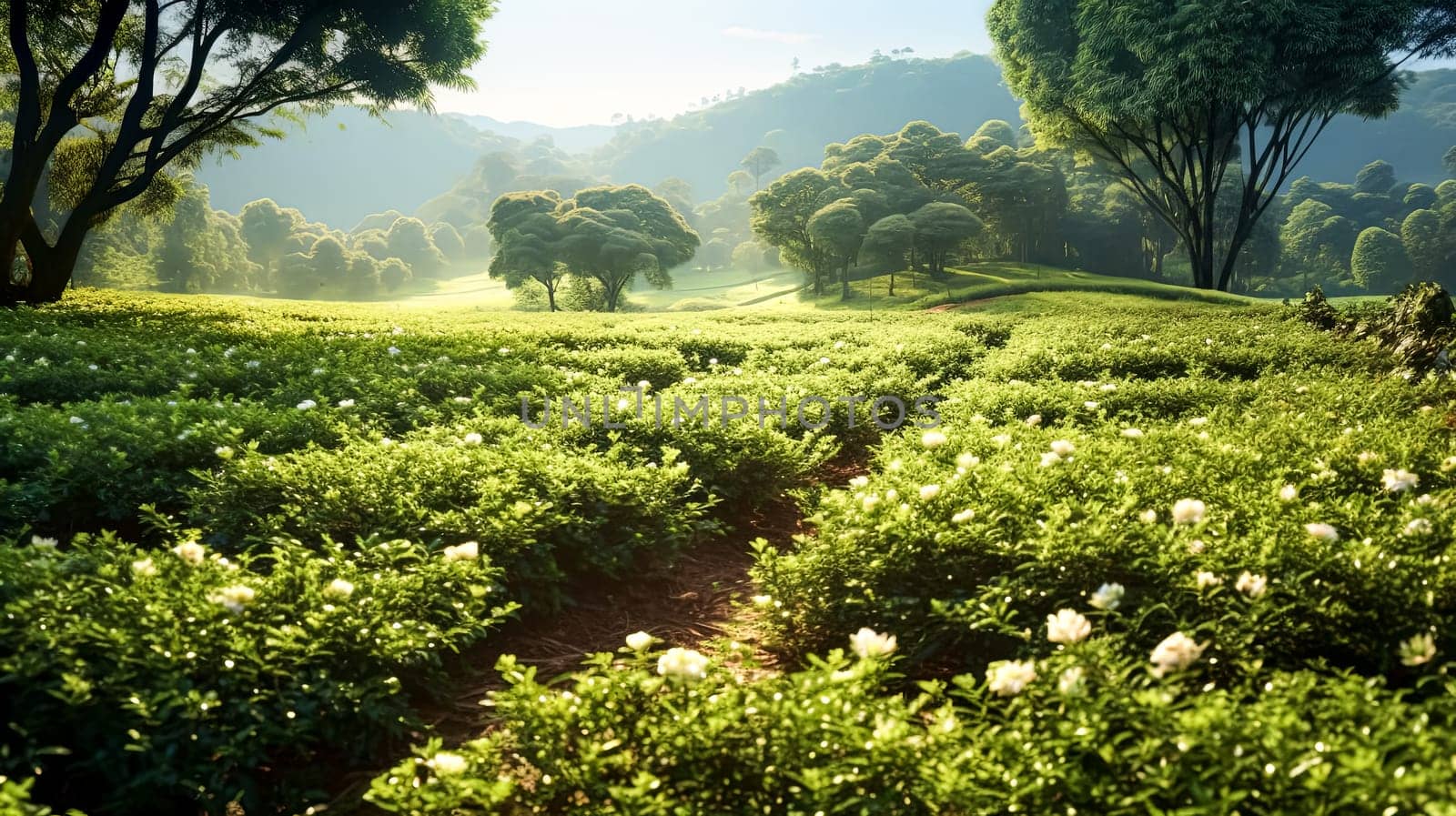 A lush green field with a path through it. The field is full of flowers and trees, creating a peaceful and serene atmosphere