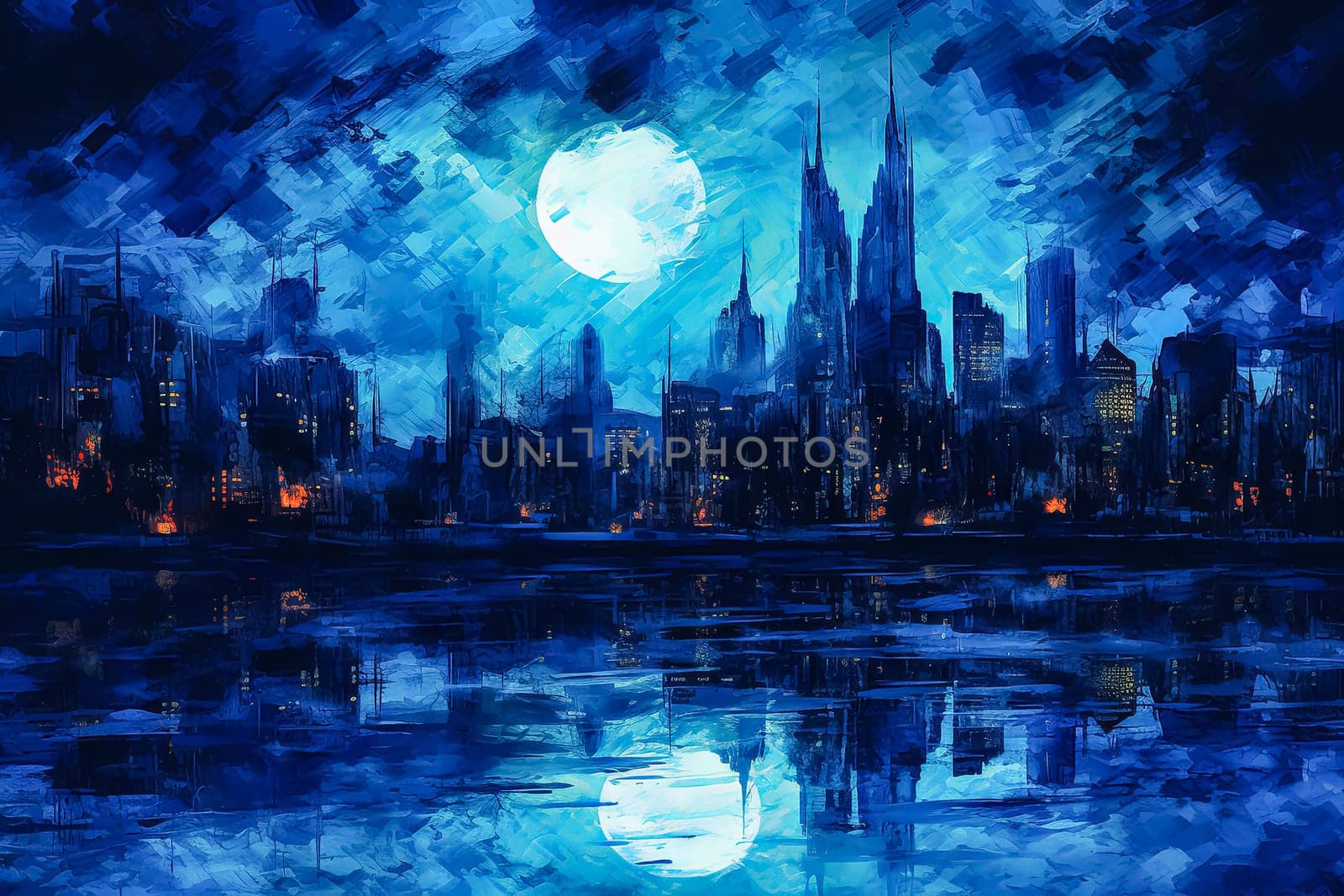 A cityscape with a large body of water in the background. The city is lit up at night, creating a moody atmosphere