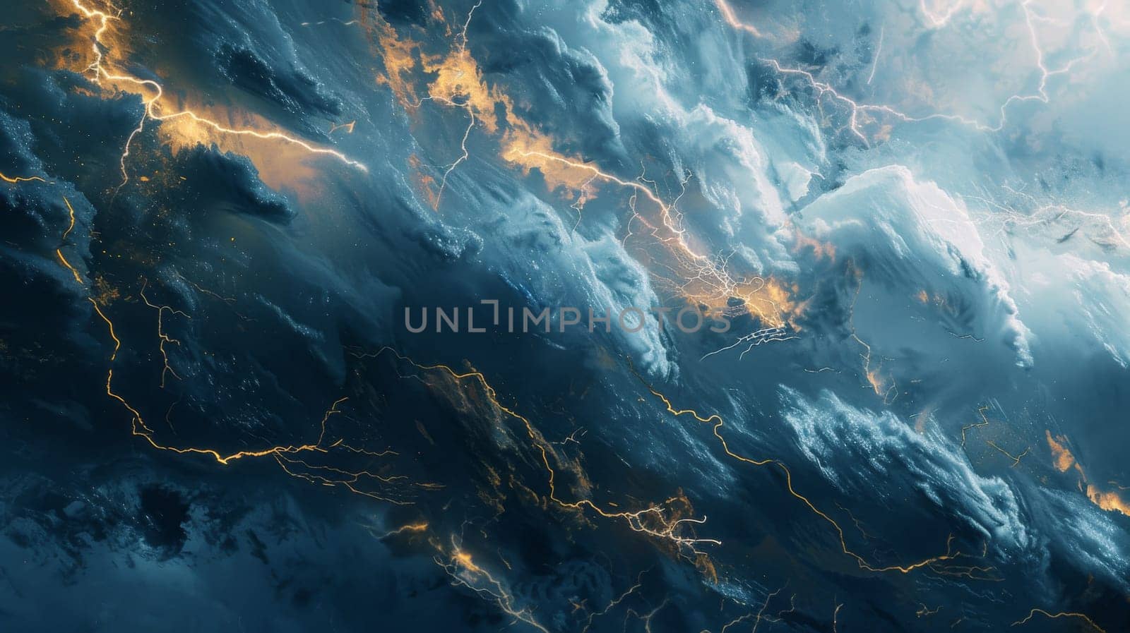 Dramatic storm clouds with lightning strikes, night sky. Nature power and weather concept.