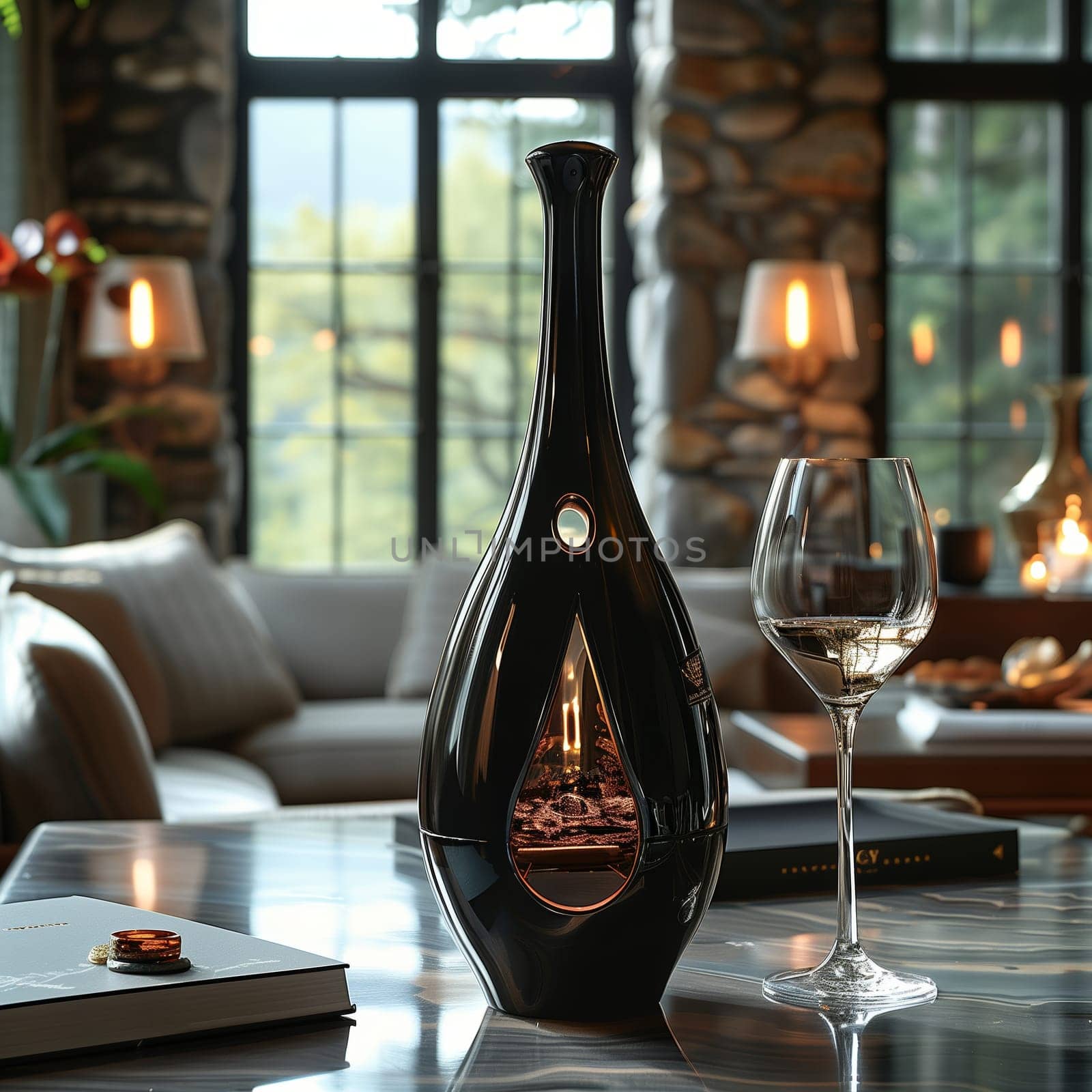 A bottle of white wine is being poured into a glass at a dimly lit restaurant table.