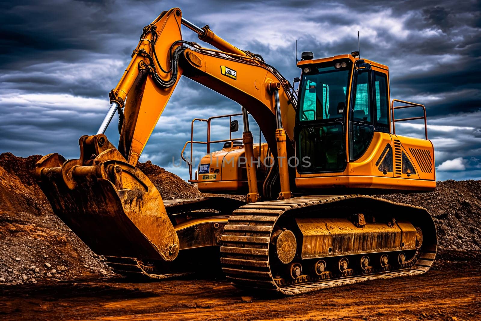 A large yellow construction vehicle is parked in a muddy field. The vehicle is dirty and has a lot of mud on it