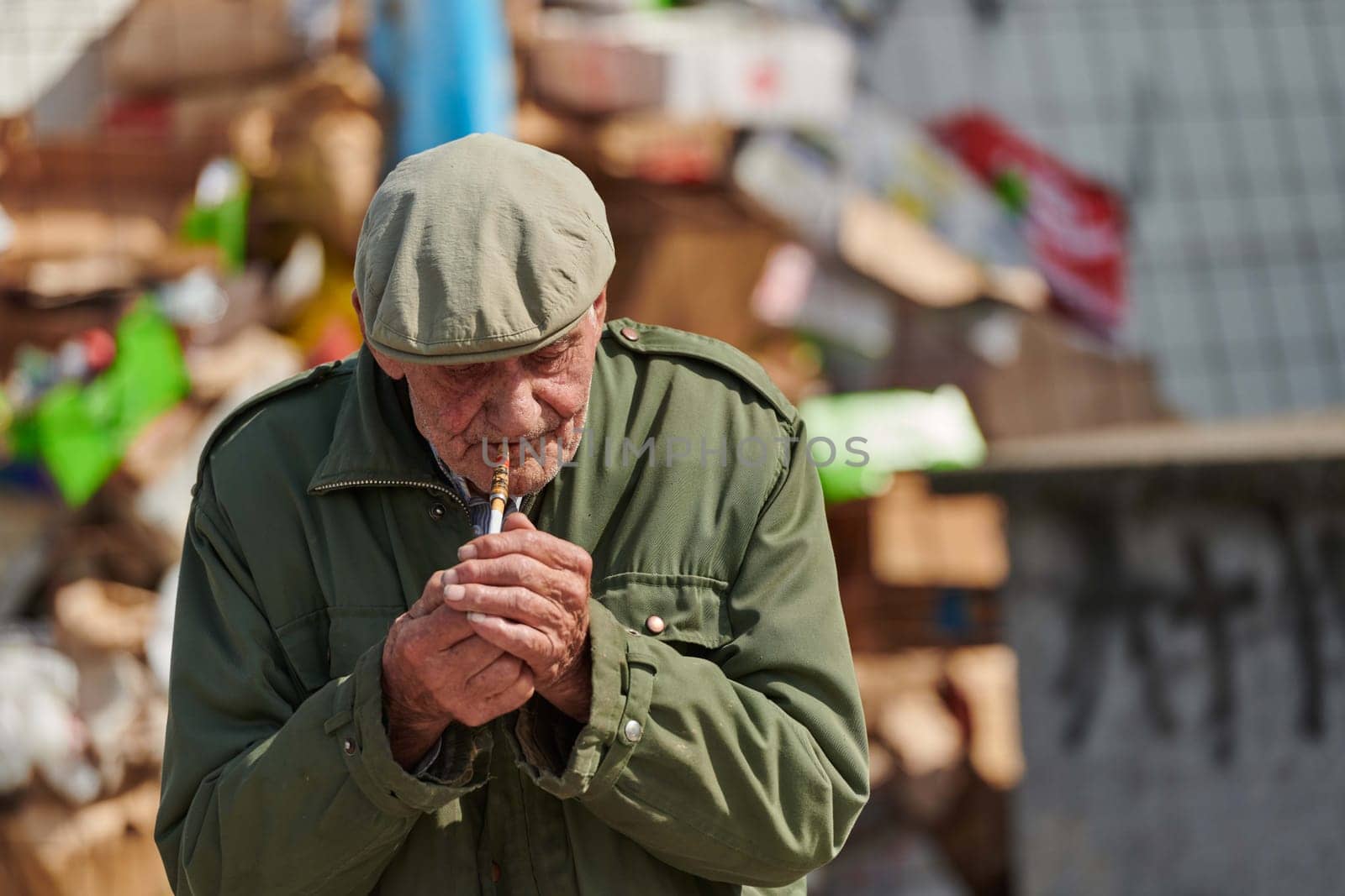 An elderly man is captured smoking a cigarette while wearing a dark green jacket and cap, exuding a sense of timeless style and sophistication.