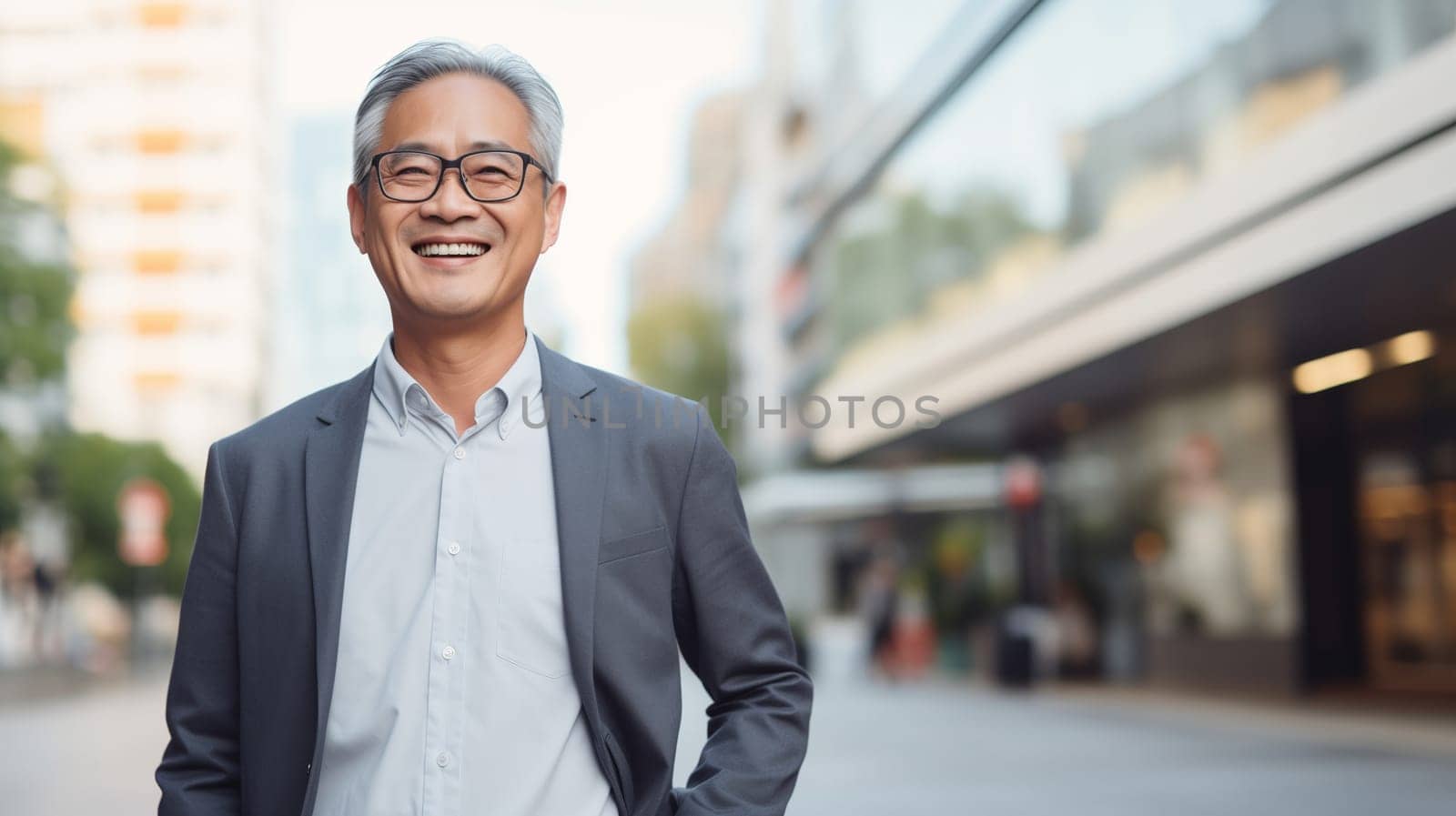 Confident happy smiling mature Asian businessman standing in the city, man with glasses wearing gray business suit, looking at camera