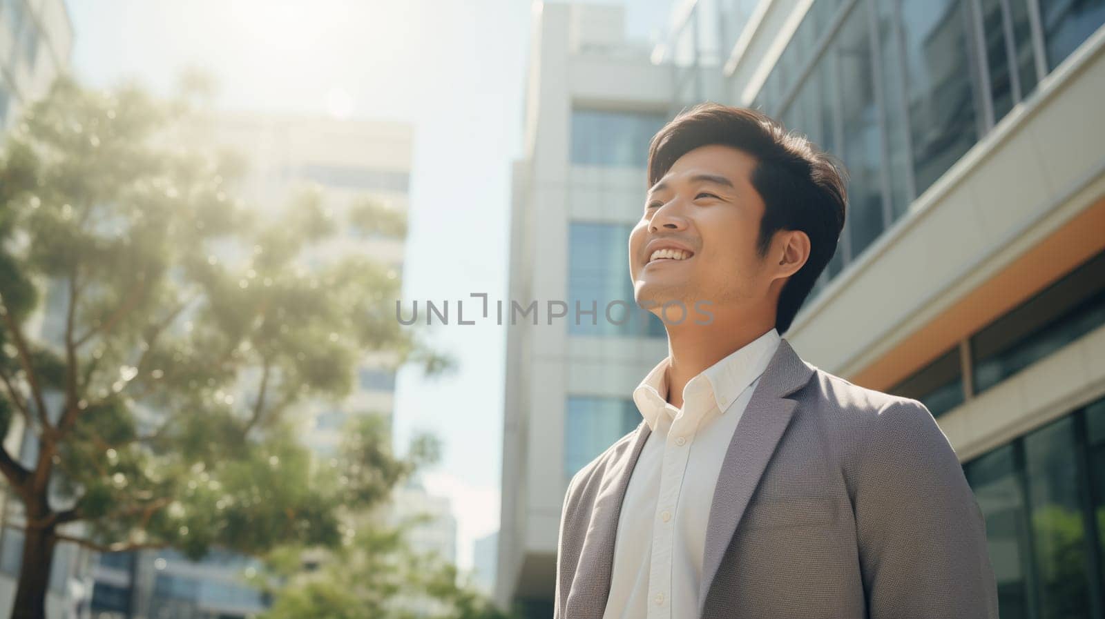 Confident happy smiling Asian businessman standing in the city, young man entrepreneur in business suit, looking away