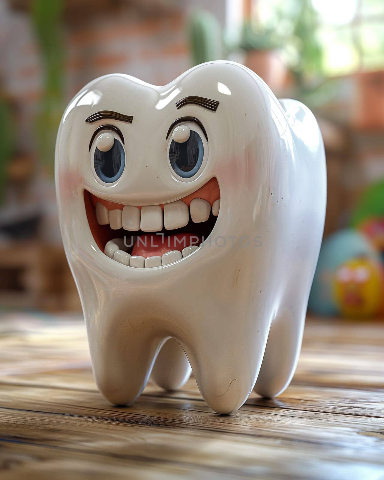 3D, cartoon emotional tooth on the table. Selective focus