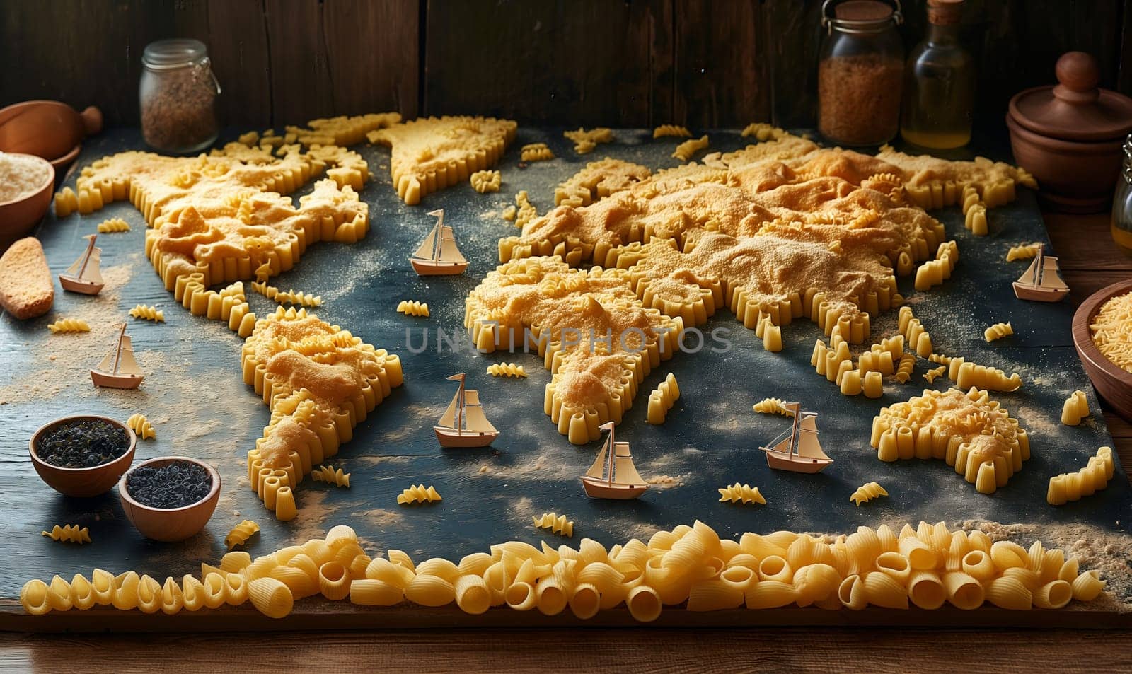 World map made from pasta. Selective focus.