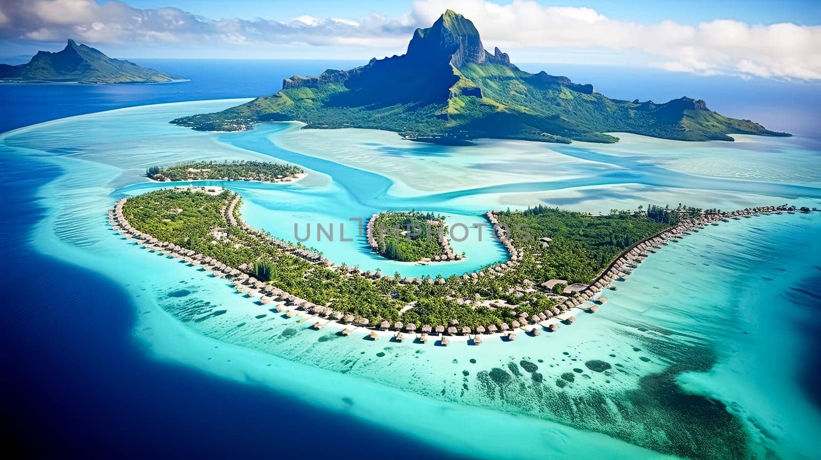 A beautiful island with a mountain in the background. The island is surrounded by water and has many small houses