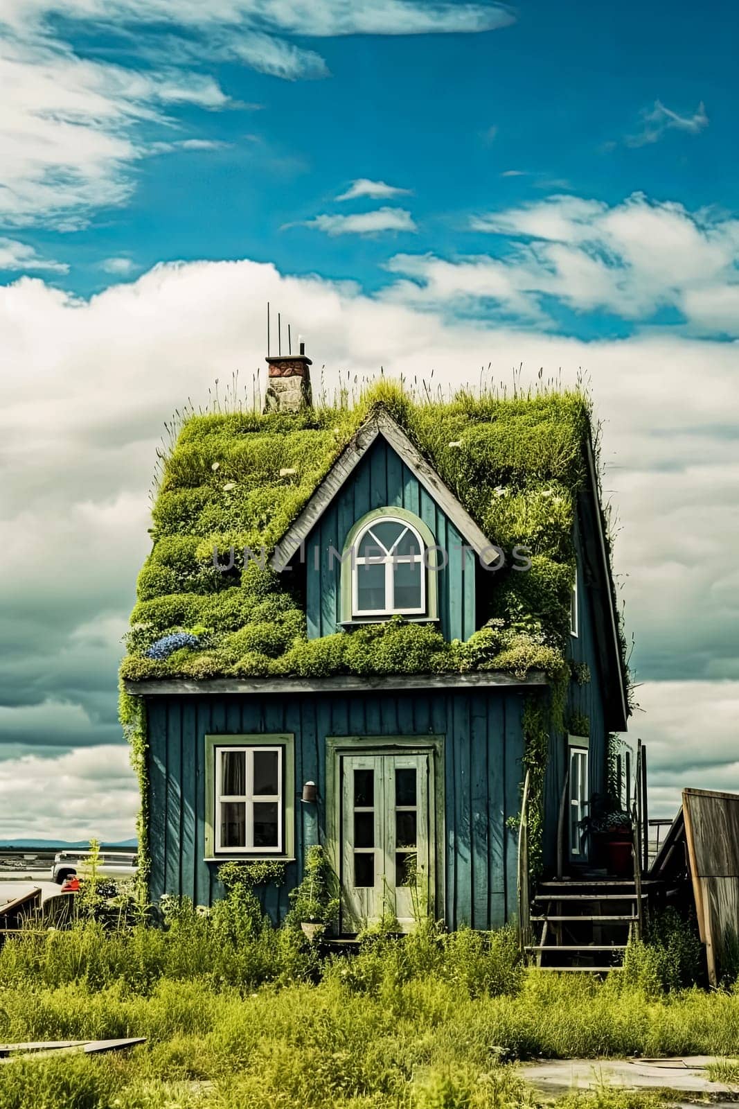 A small blue house with a green roof. The roof is covered in plants and the house looks like it's in a garden