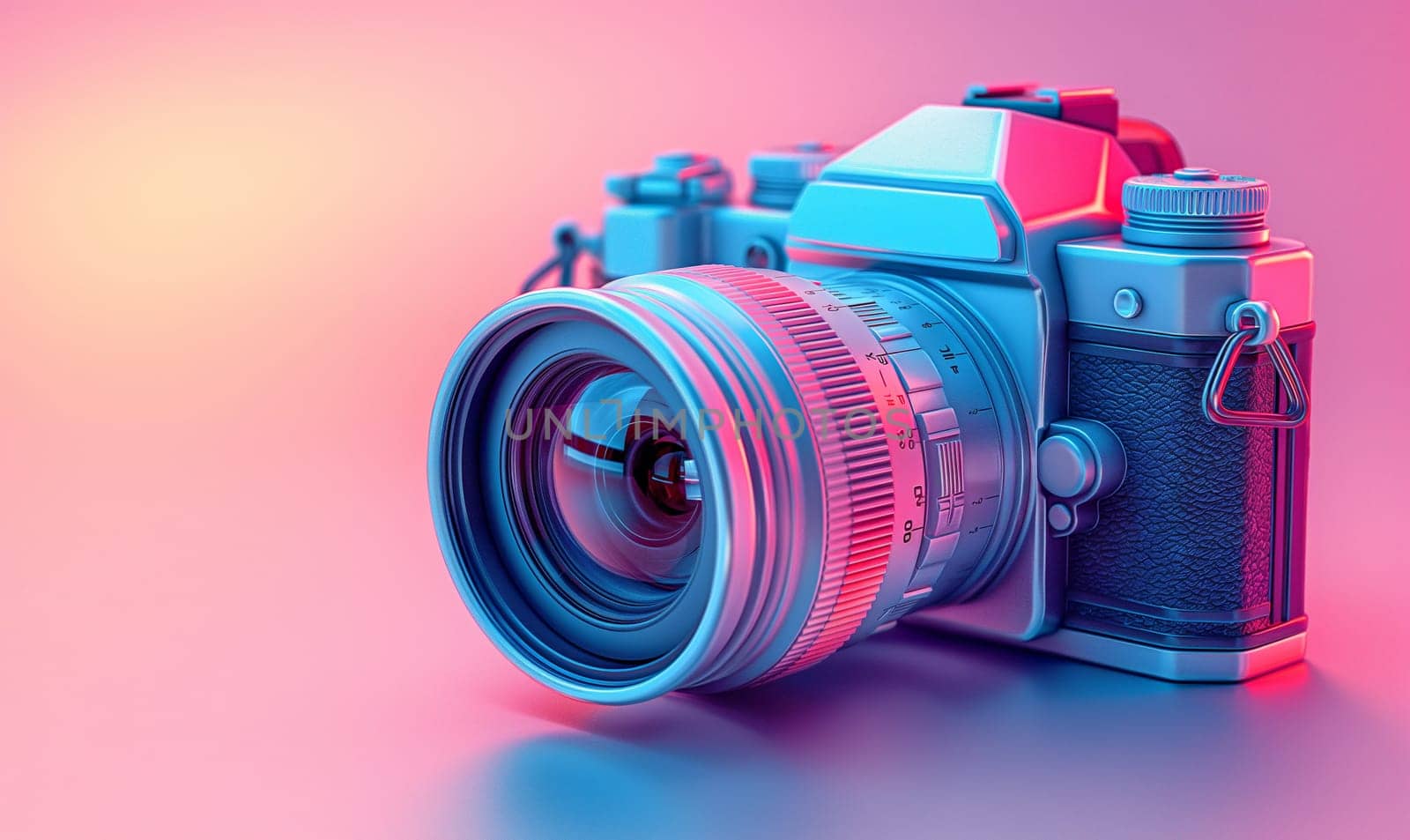 Photo camera in airbrush style on a colored background. Selective focus