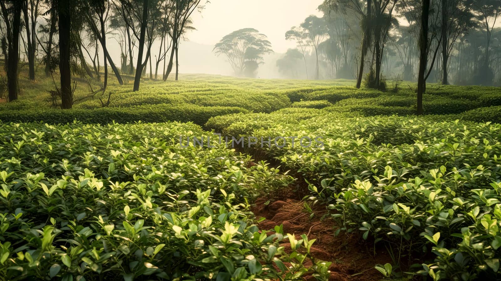 A man is working in a tea field at the foot of a mountain, showcasing traditional tea cultivation in a scenic landscape.