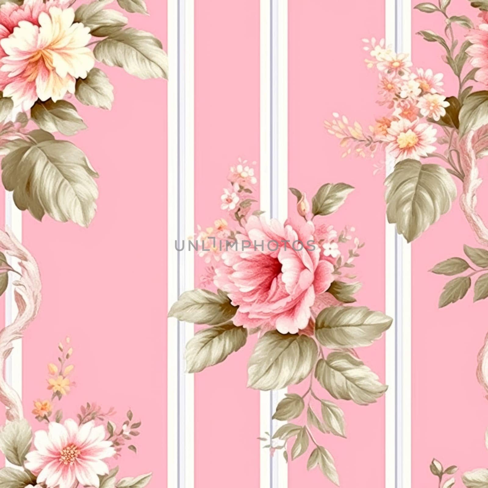 Seamless pattern, tileable striped pink floral country style print for wallpaper, wrapping paper with English countryside rose flowers for scrapbook, fabric and product design by Anneleven