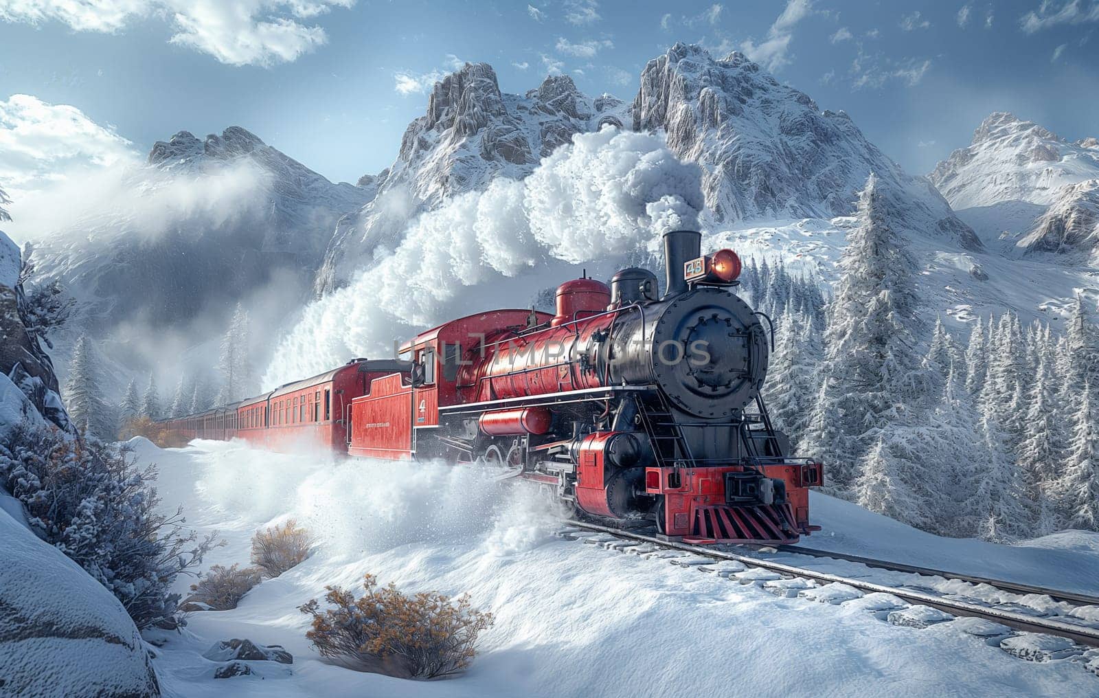 The locomotive rushes along snow-covered rails. Selective focus