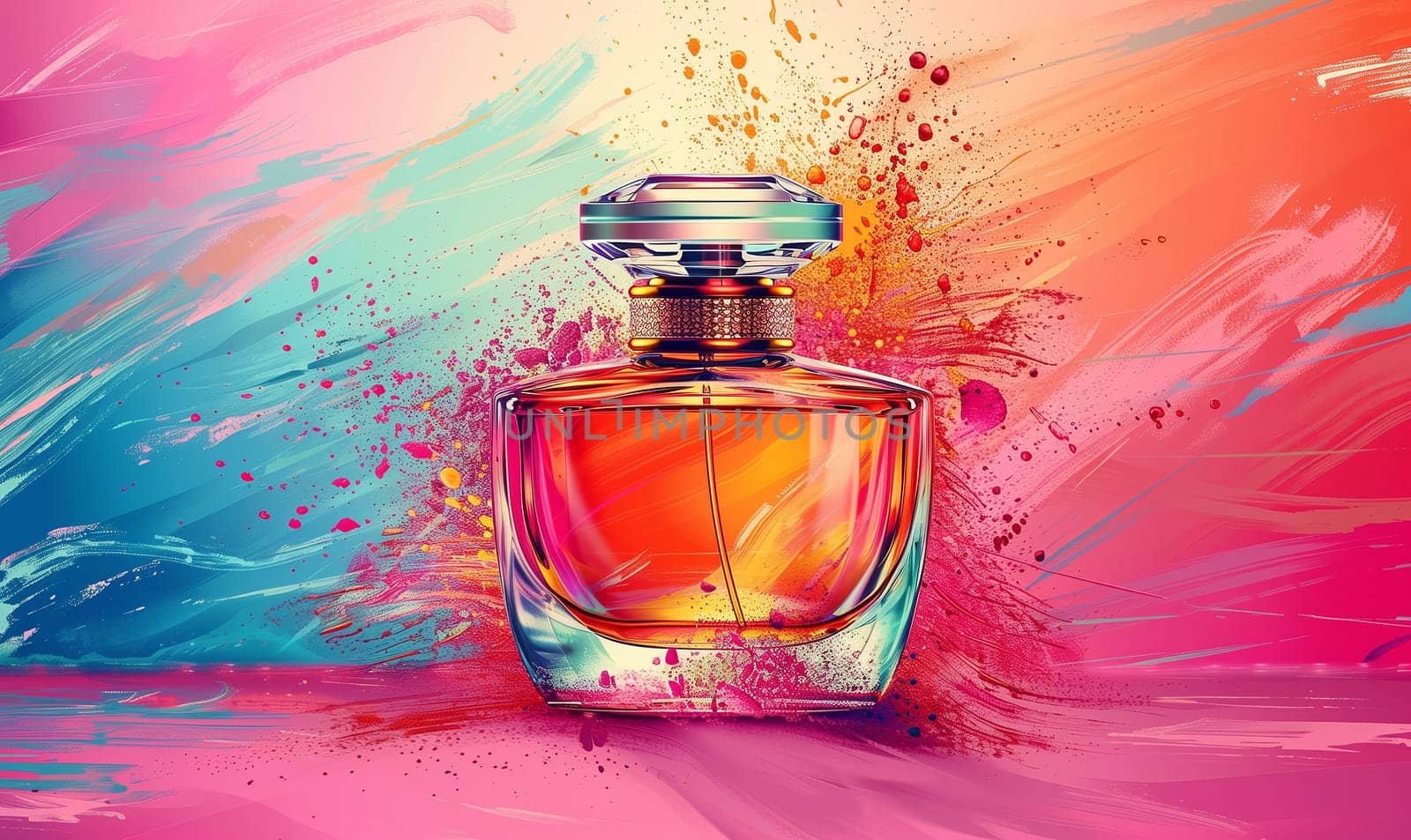 Illustration elegant perfume bottle in vintage pop art style. Selective focus.