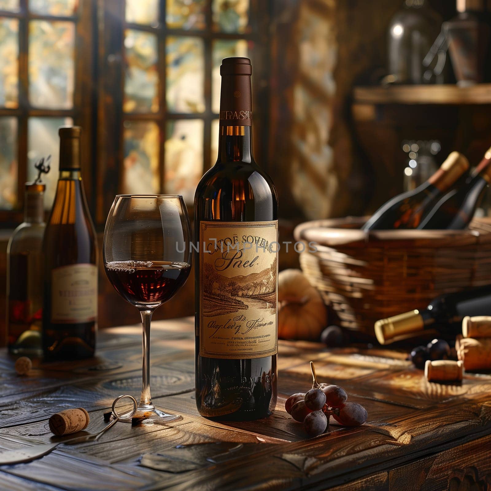A bottle of red wine sits on a wooden table, accompanied by a glass of red wine and a small cluster of grapes.