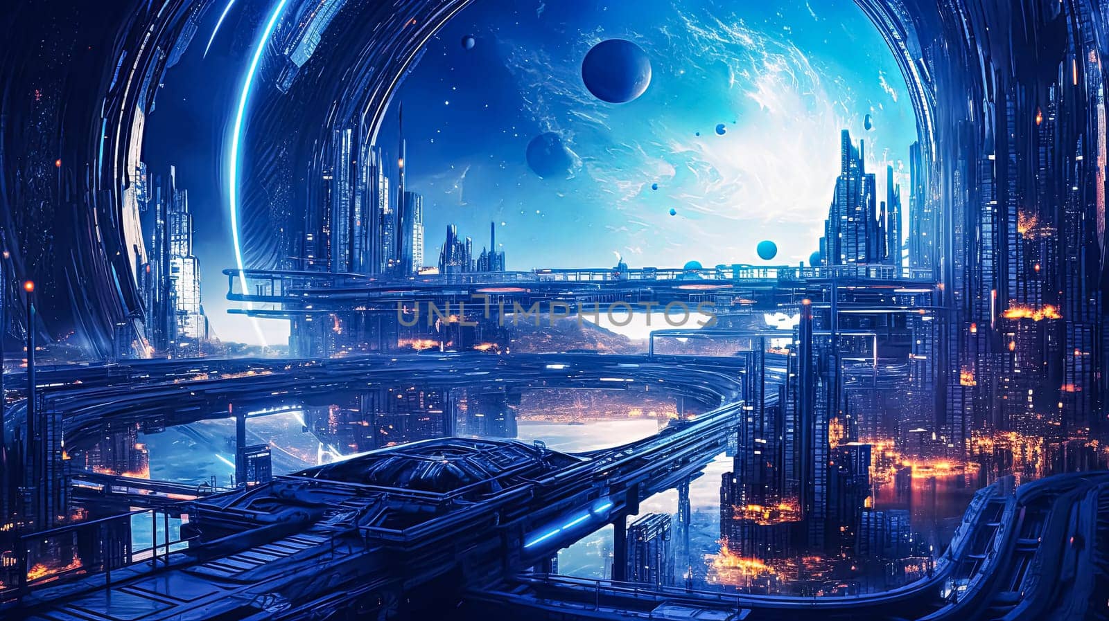 A blue and white space with a large planet in the background. There are many buildings in the space, and a bridge is visible. Scene is futuristic and otherworldly