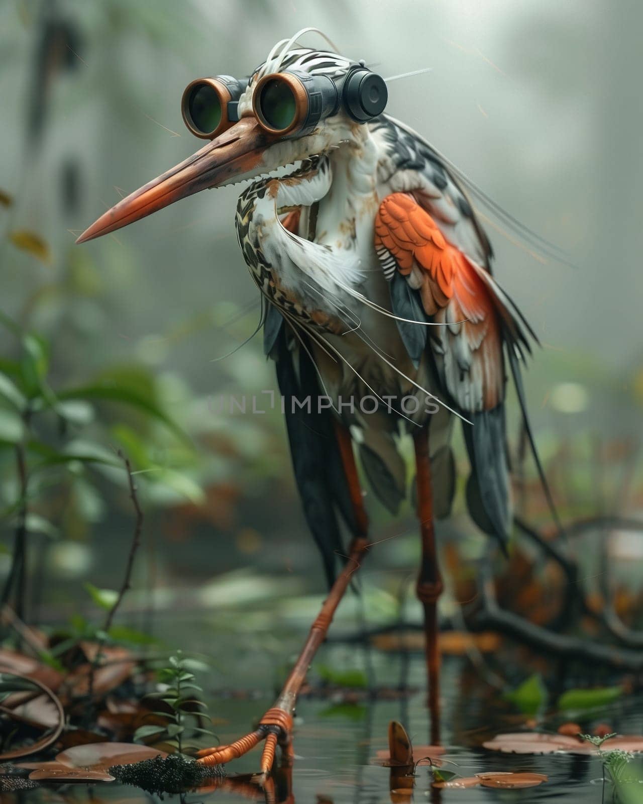 3D cartoon, a heron wearing big glasses walks through a swamp. Selective focus