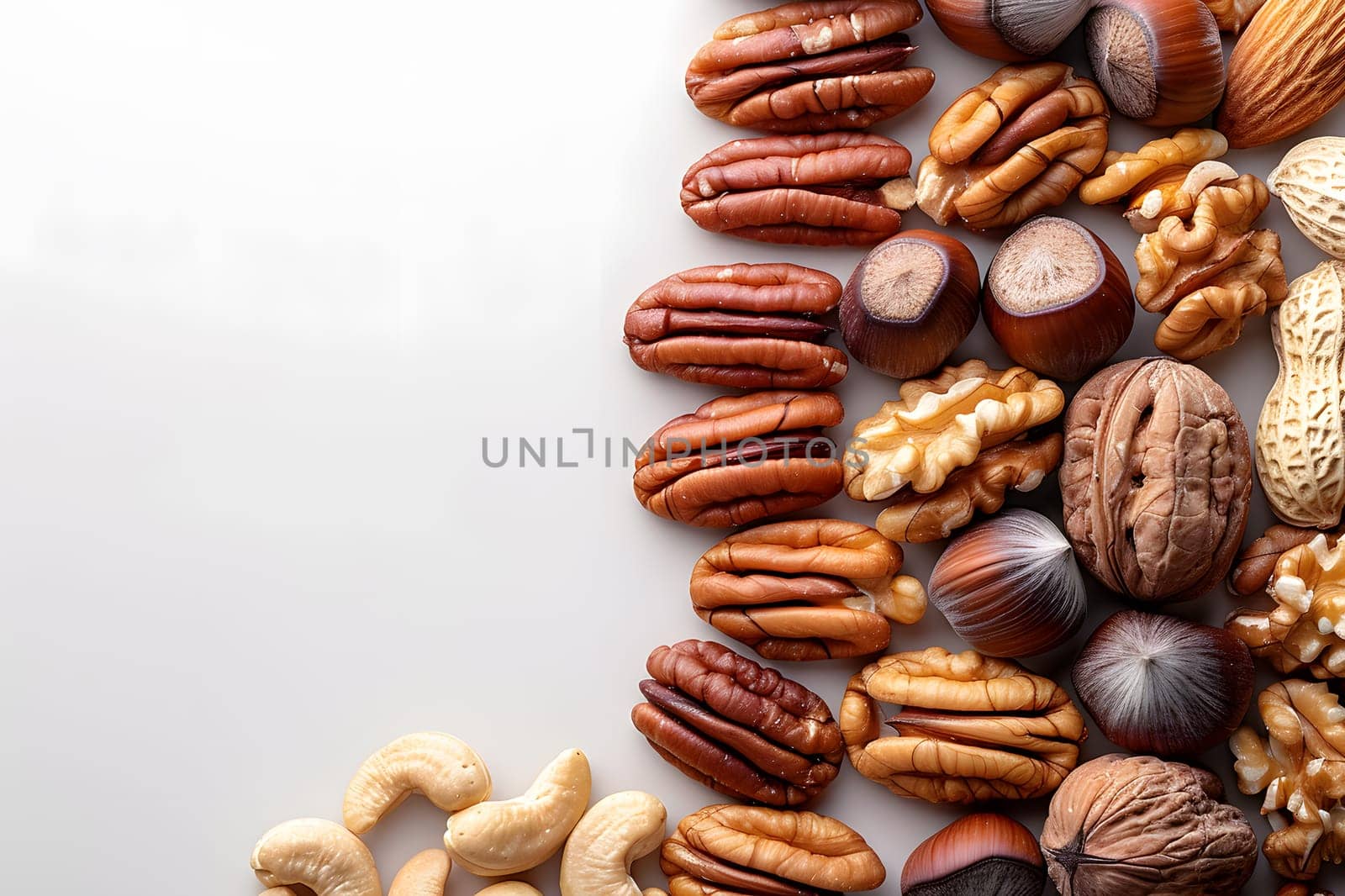 A variety of nuts, a plantbased ingredient, are arranged in a row on a white surface. These natural foods can be used in cuisine dishes for added flavor and texture
