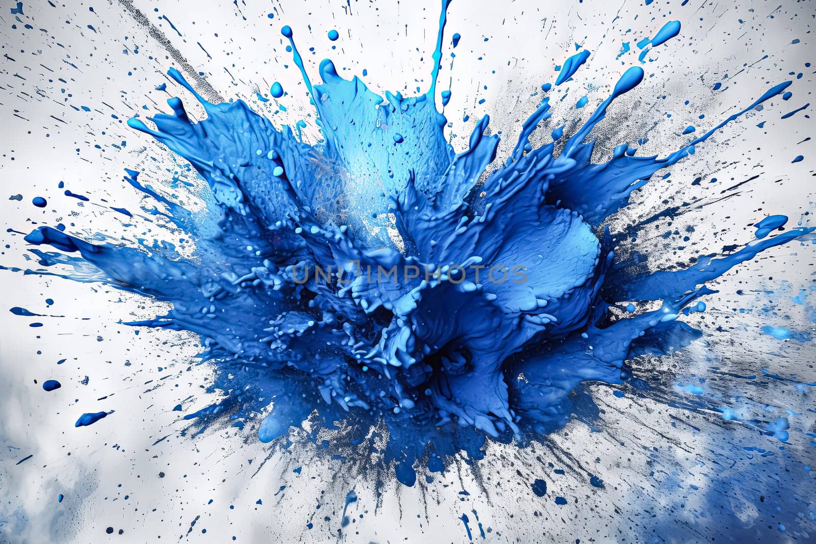 A splash of blue paint on a white background. The blue paint is splattered and has a lot of texture. Scene is energetic and dynamic