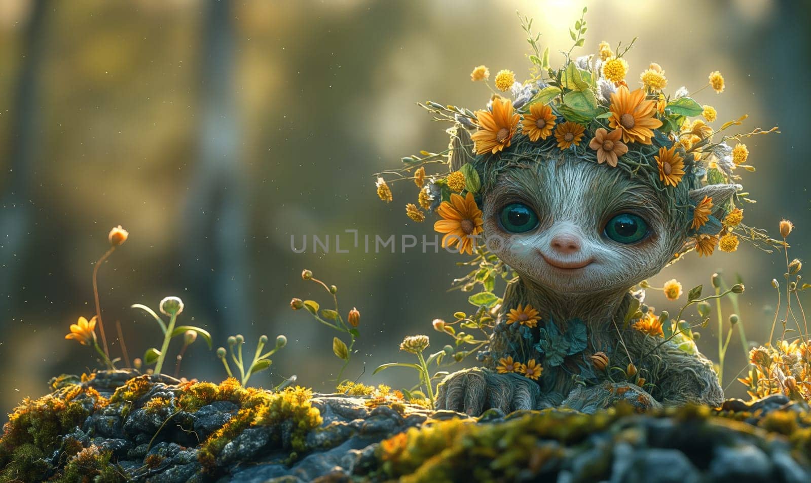 Illustration, cartoon, for children forest spirit in the forest. Selective focus.