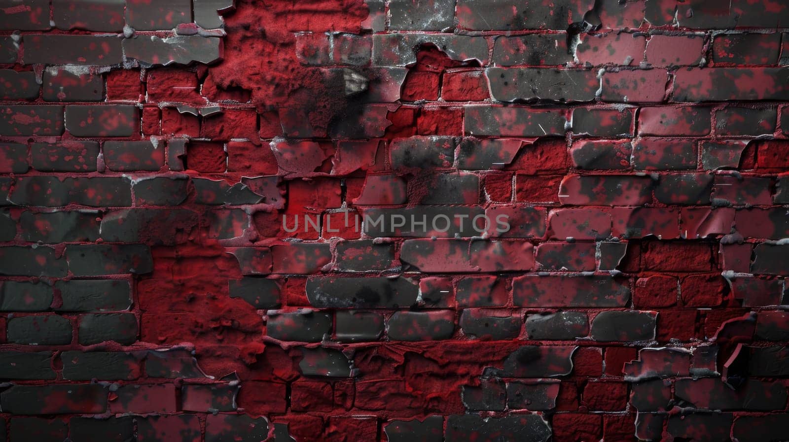 Old brick wall with red and black peeling paint.