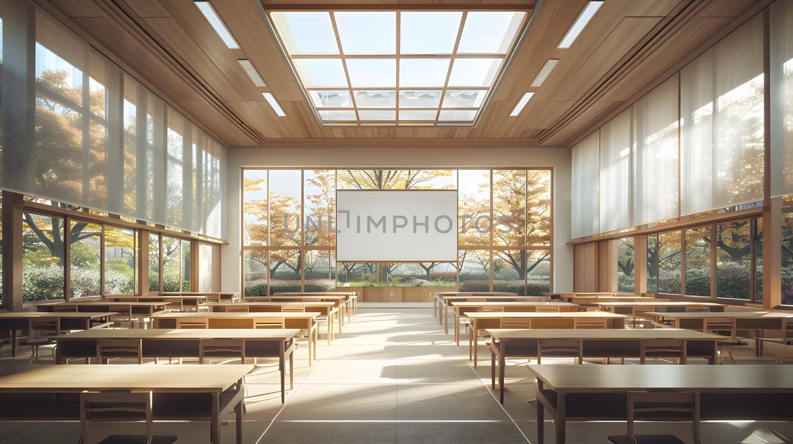 Spacious classroom in a building with tables and chairs arranged symmetrically, a projector screen, wooden flooring, and large windows