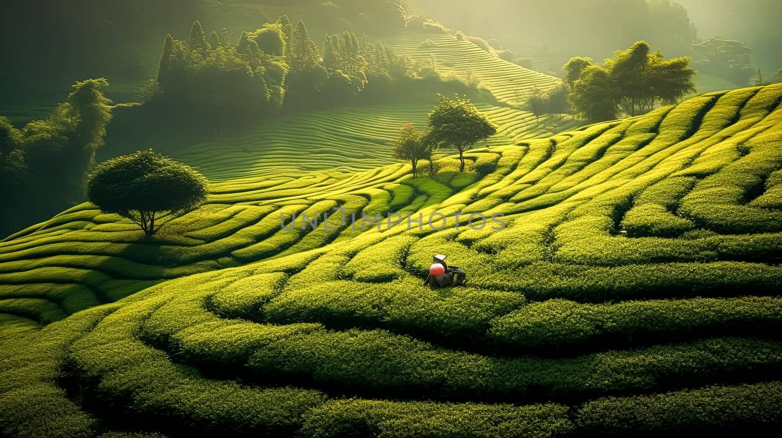 A man is working in a tea field at the foot of a mountain, showcasing traditional tea cultivation in a scenic landscape.