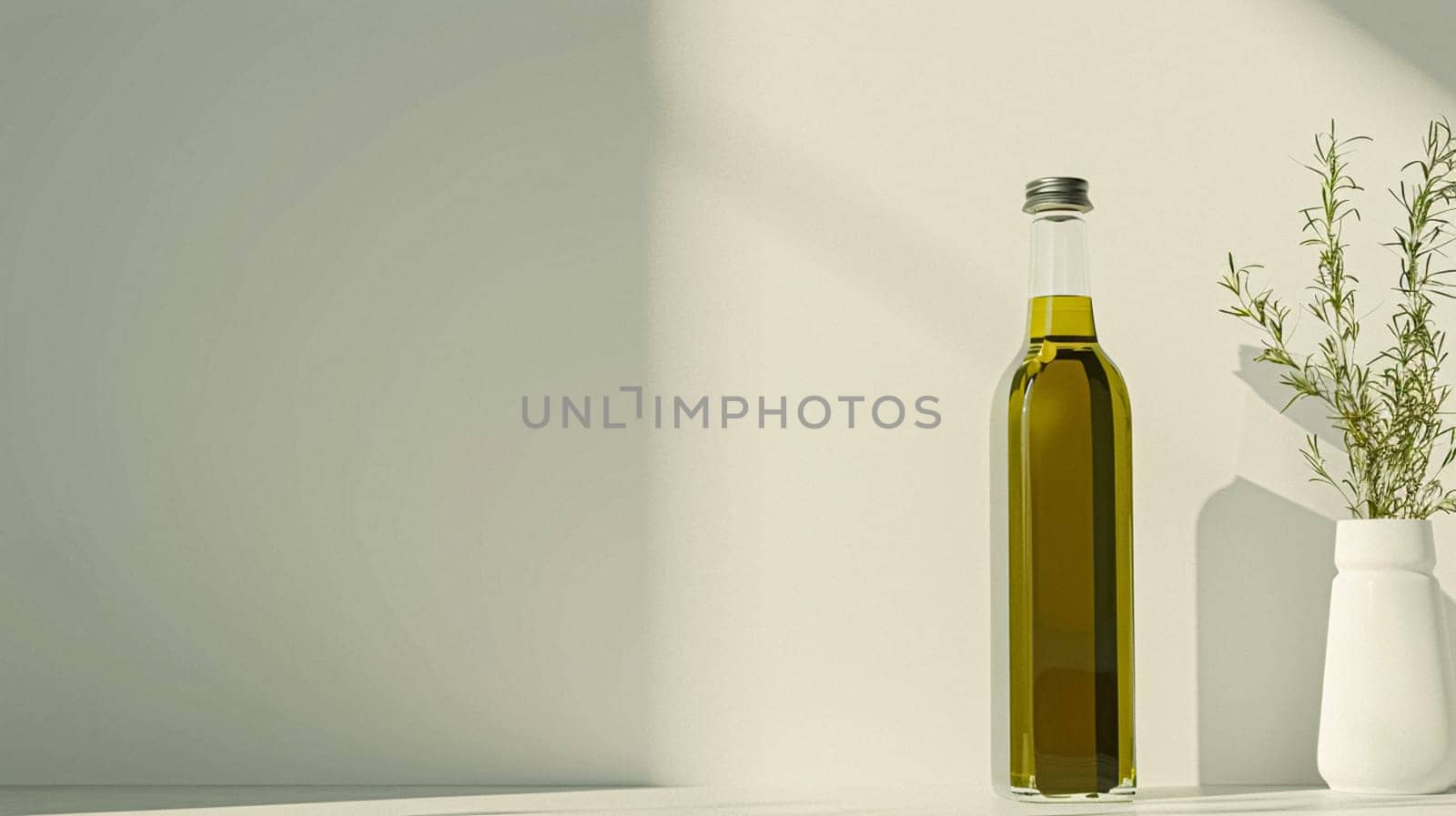 Olive oil bottle ad background with copyspace, vegetable oil commercial produce, food industry and retail by Anneleven