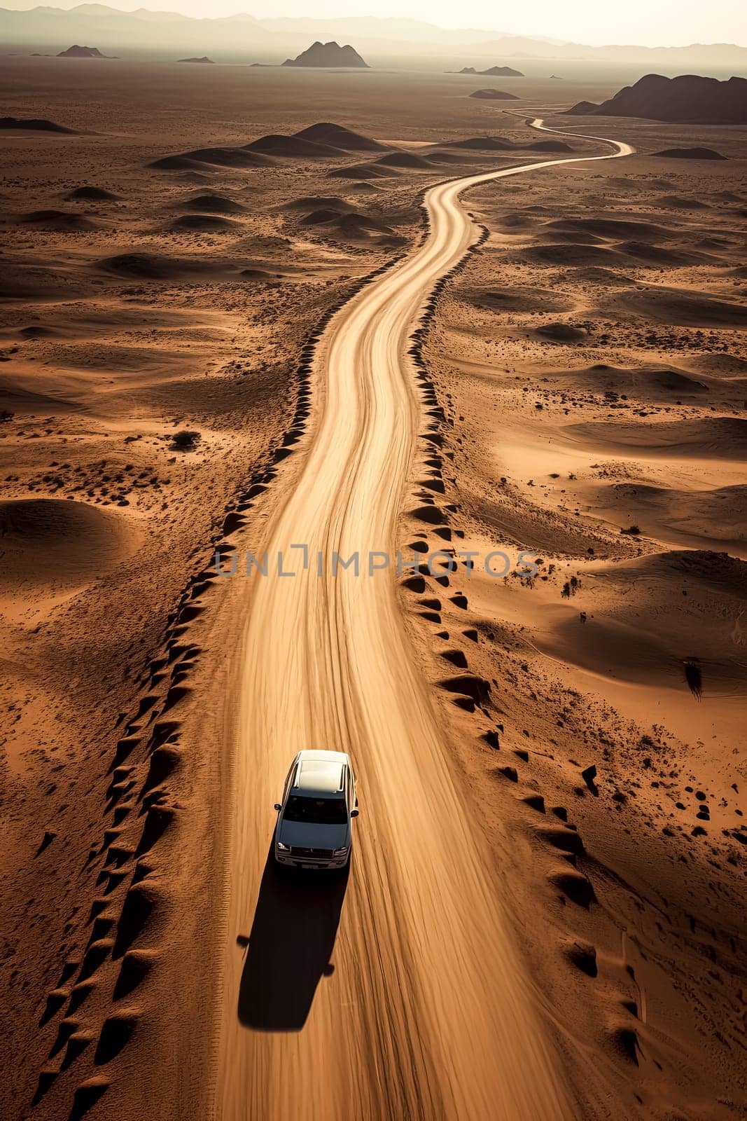 A white car is driving down a dirt road in a desert. The road is narrow and winding, and the landscape is barren and dry. The car is the only object in the scene