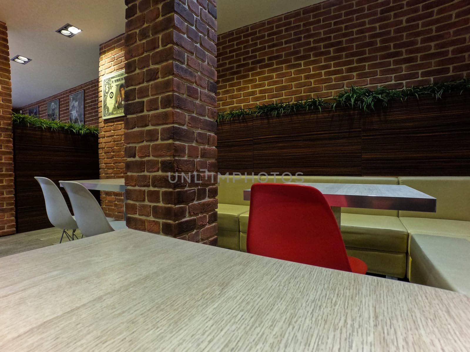 A roadside cafe with retro brick decoration. High quality photo