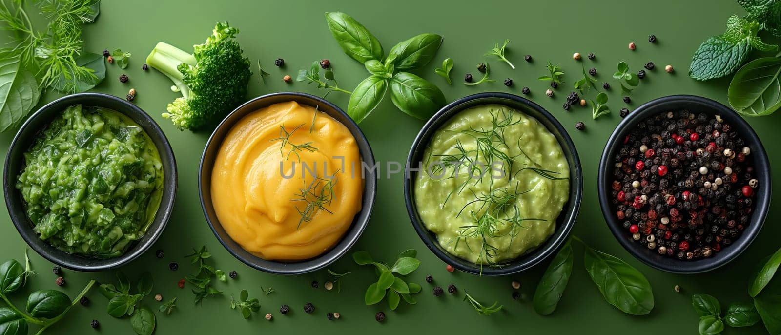 Sauces in bowls on a green background. Selective focus.