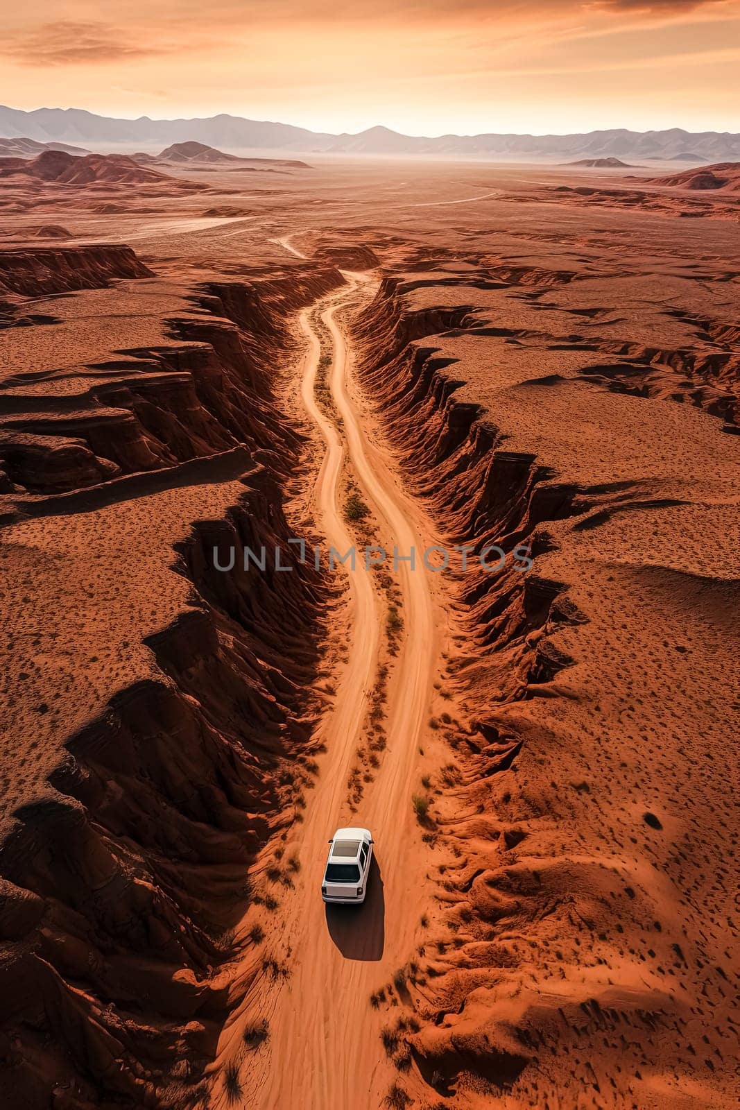 A white car is driving down a dirt road in a desert. The road is narrow and winding, and the landscape is barren and dry. The car is the only object in the scene