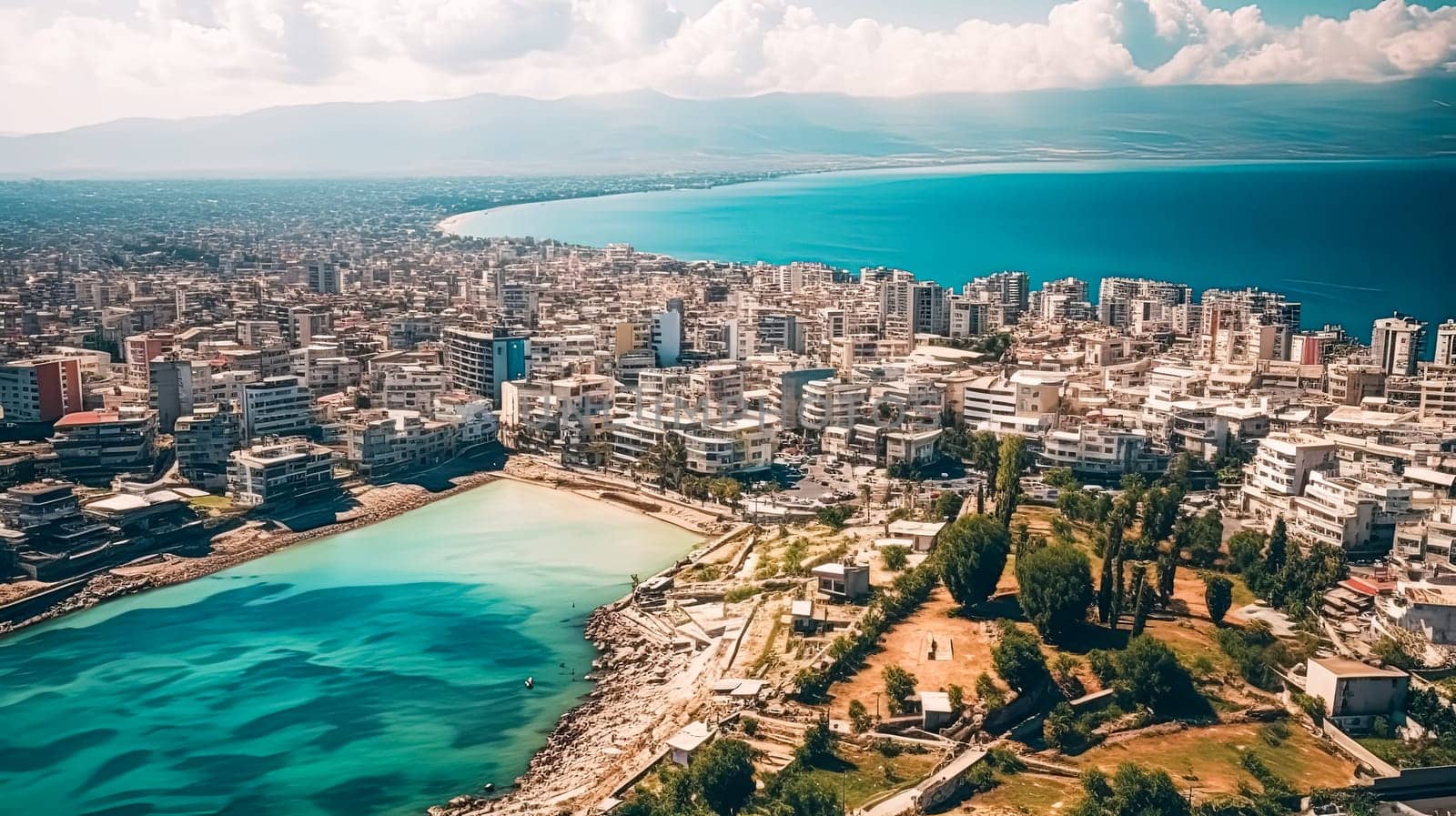 A city with a large body of water in the background. The sun is shining brightly, creating a warm and inviting atmosphere. The city is bustling with activity, with boats