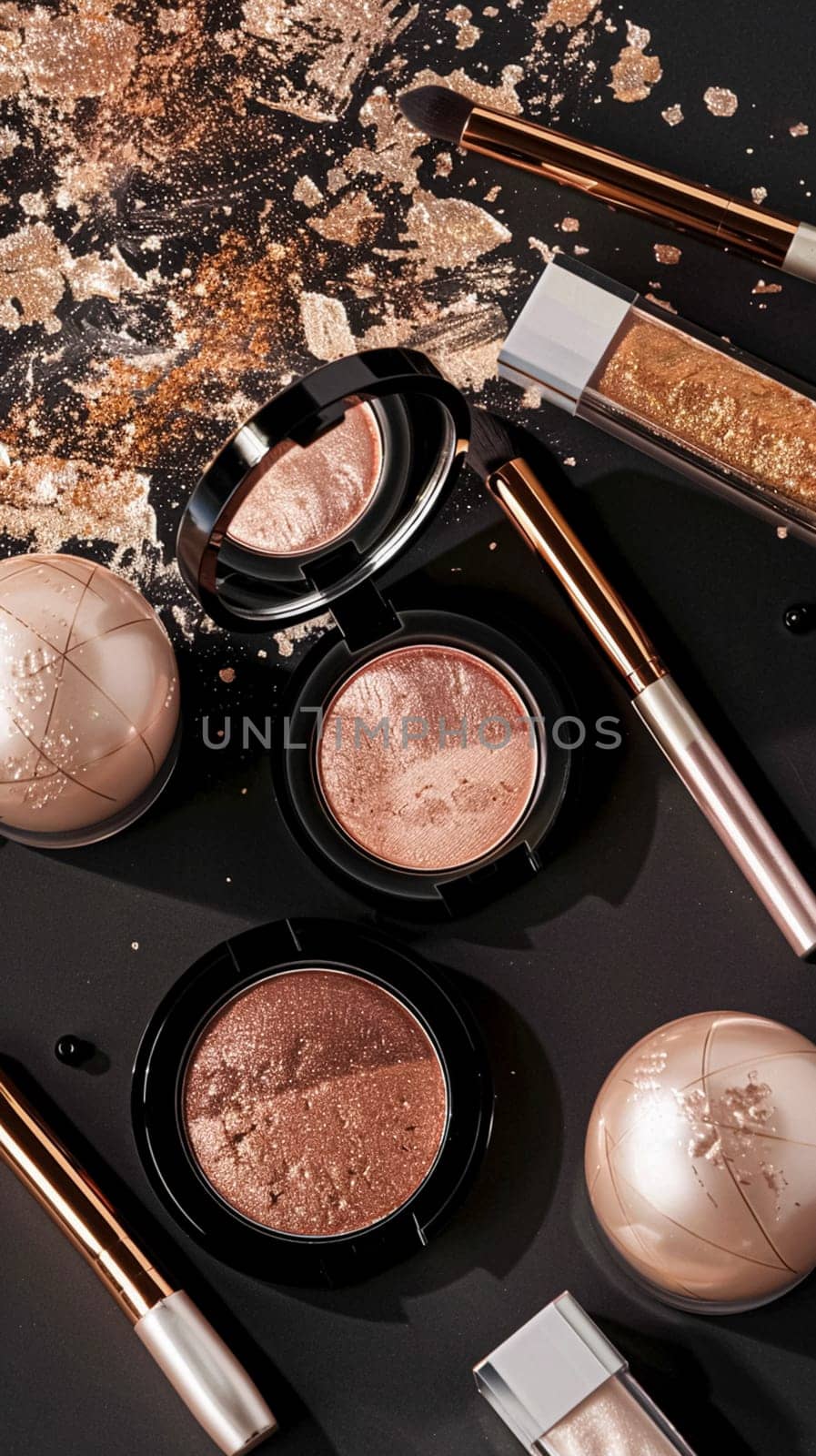 Make-up cosmetic product, beauty products and cosmetics swatch sample flatlay, various makeup brand tools as glamour fashion night out background idea