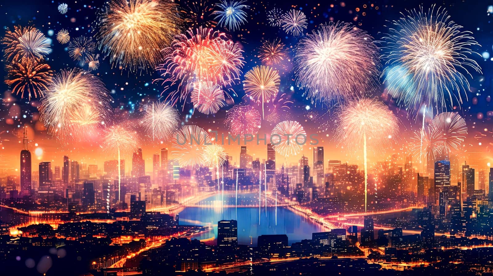 A city is lit up with fireworks and the sky is filled with bright colors. Scene is festive and celebratory