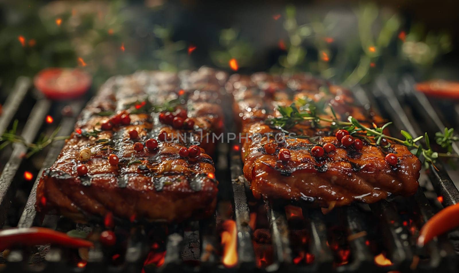 Pieces of meat cooked on the grill. by Fischeron