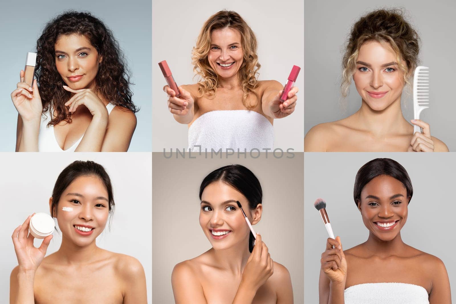 This image showcases six different multiracial women using various beauty products in a studio setting. Each woman is posing with a different product