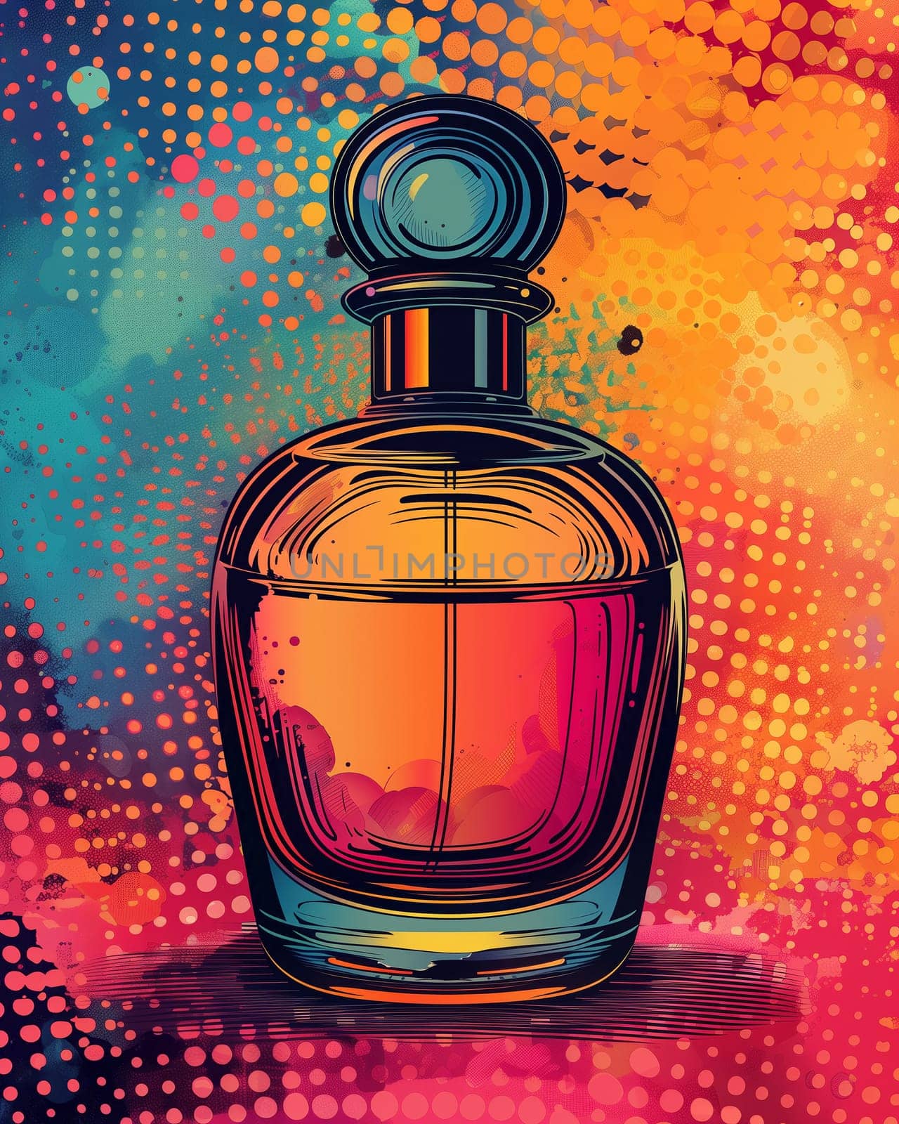 Illustration elegant perfume bottle in vintage pop art style. Selective focus.