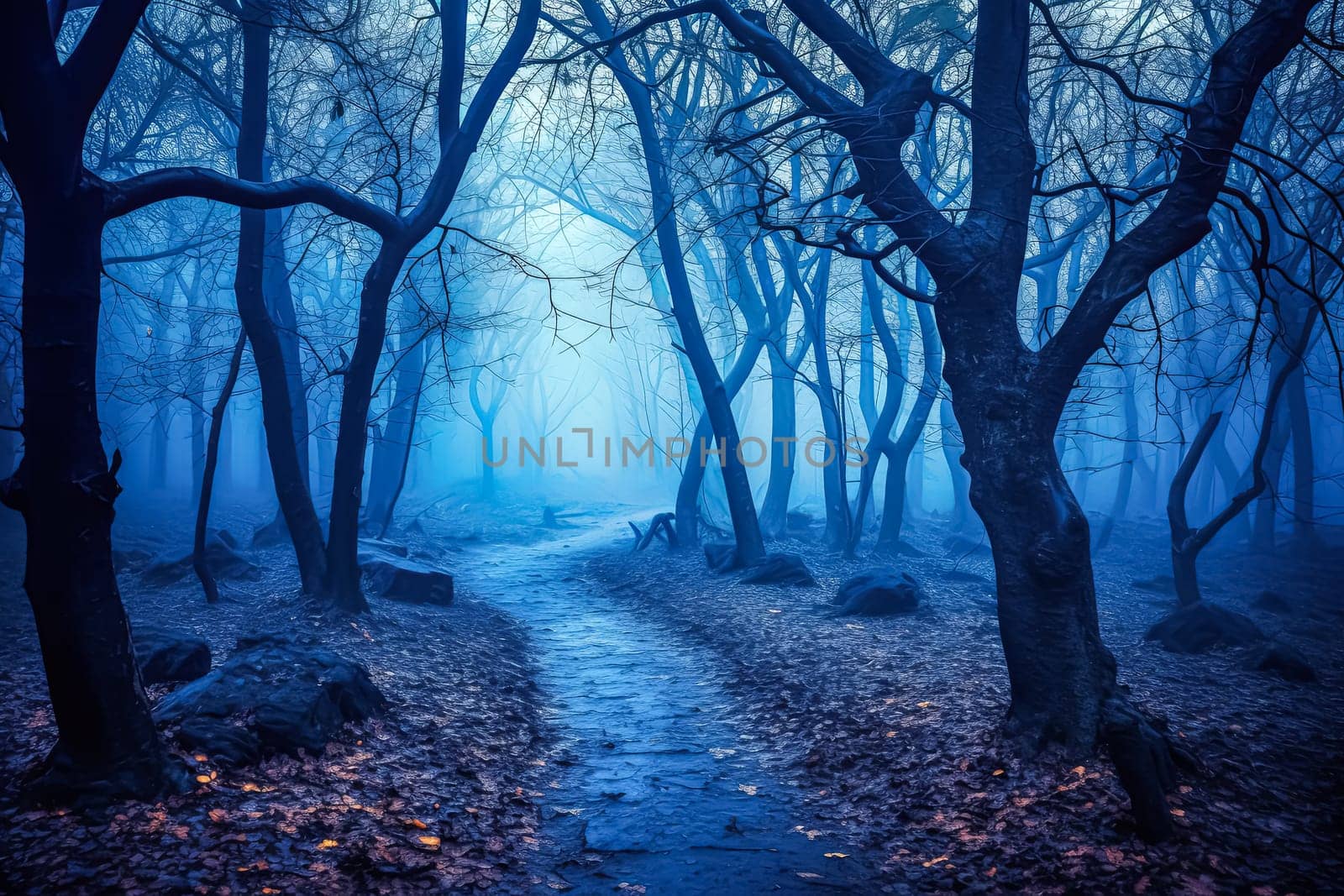 A forest with foggy trees and a path. Scene is mysterious and eerie