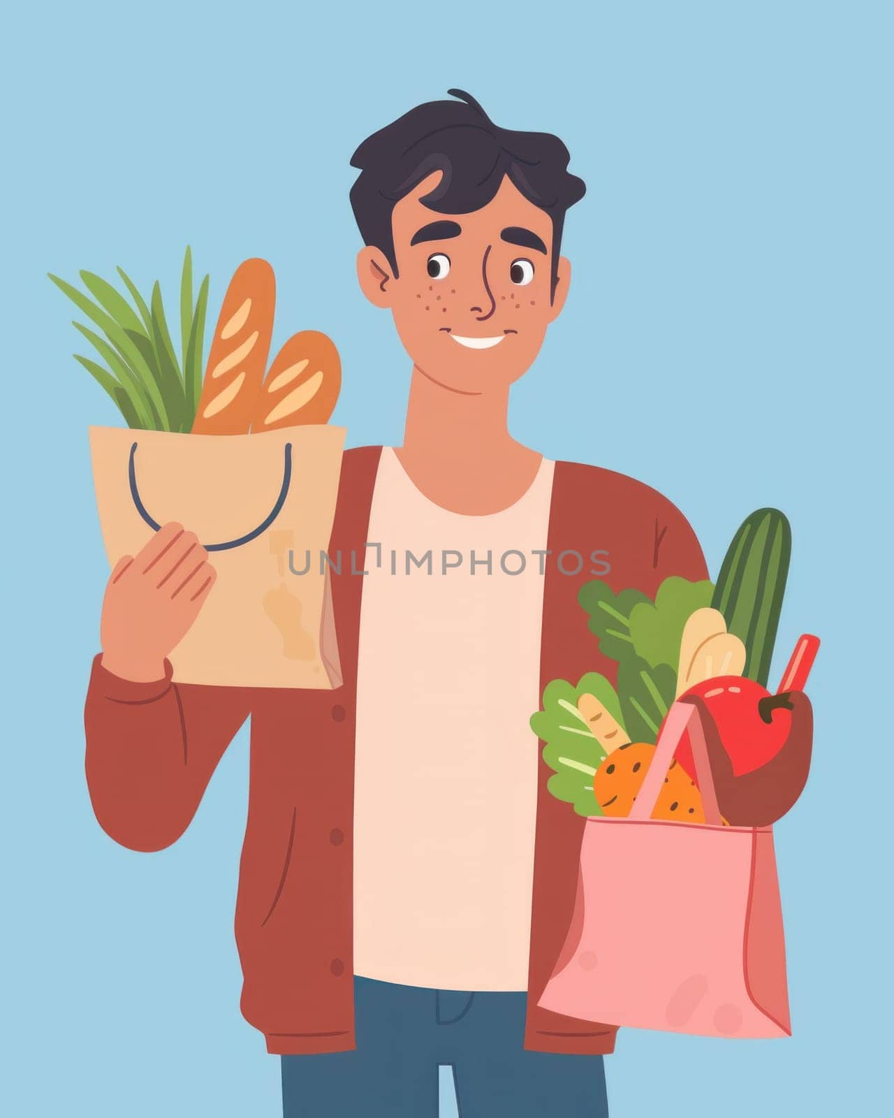 Man with groceries bag and paper bag with vegetables and bread for healthy nutrition on trip home