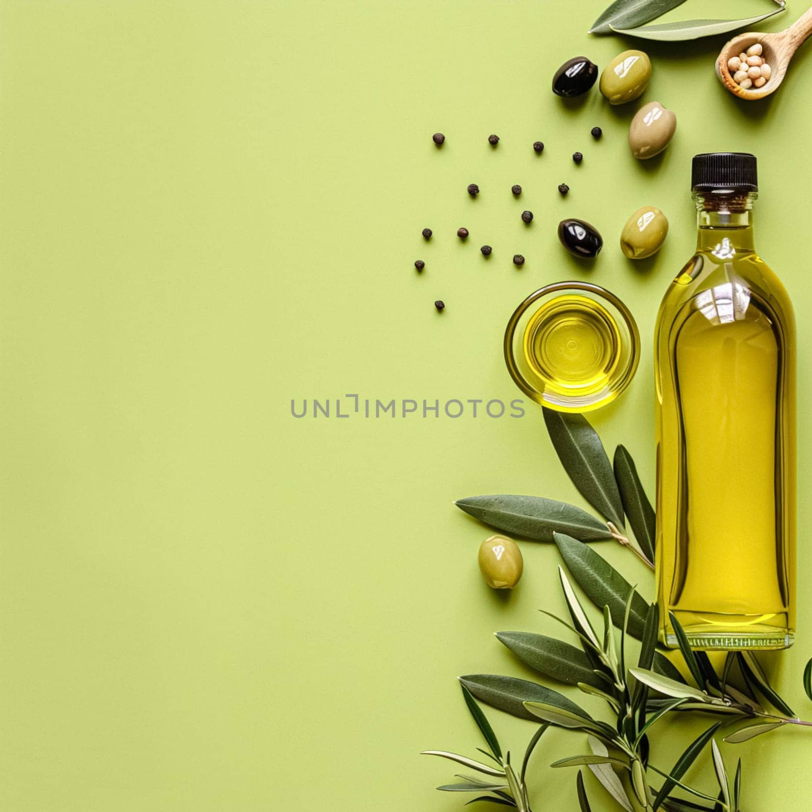 Olive oil bottle ad background with copyspace, vegetable oil commercial produce, food industry and retail concept