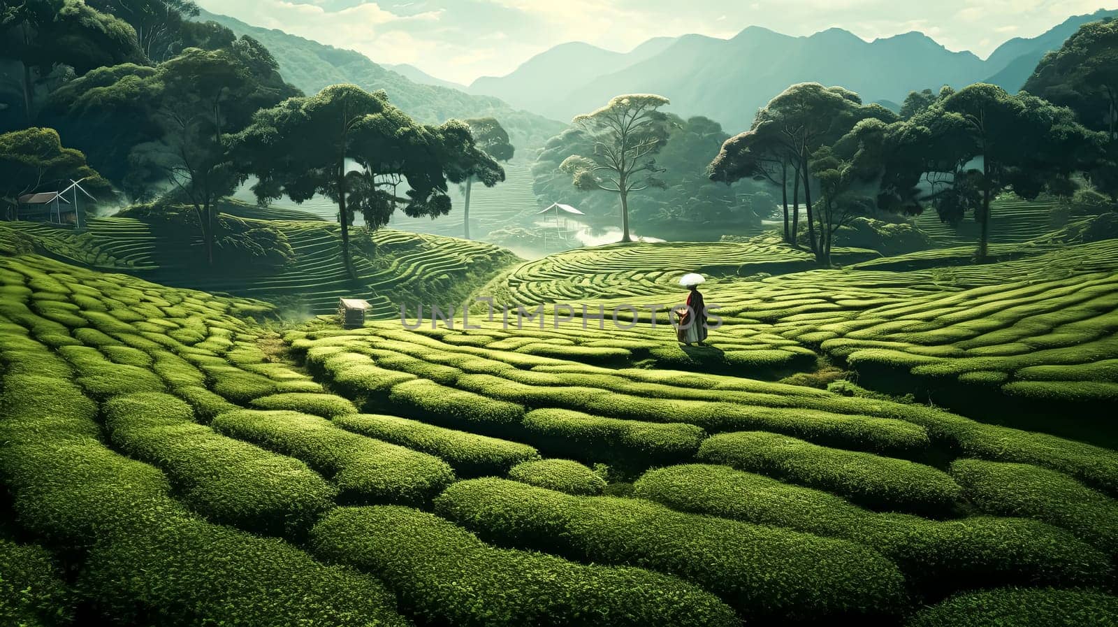 A man is working in a tea field at the foot of a mountain, showcasing traditional tea cultivation in a scenic landscape.