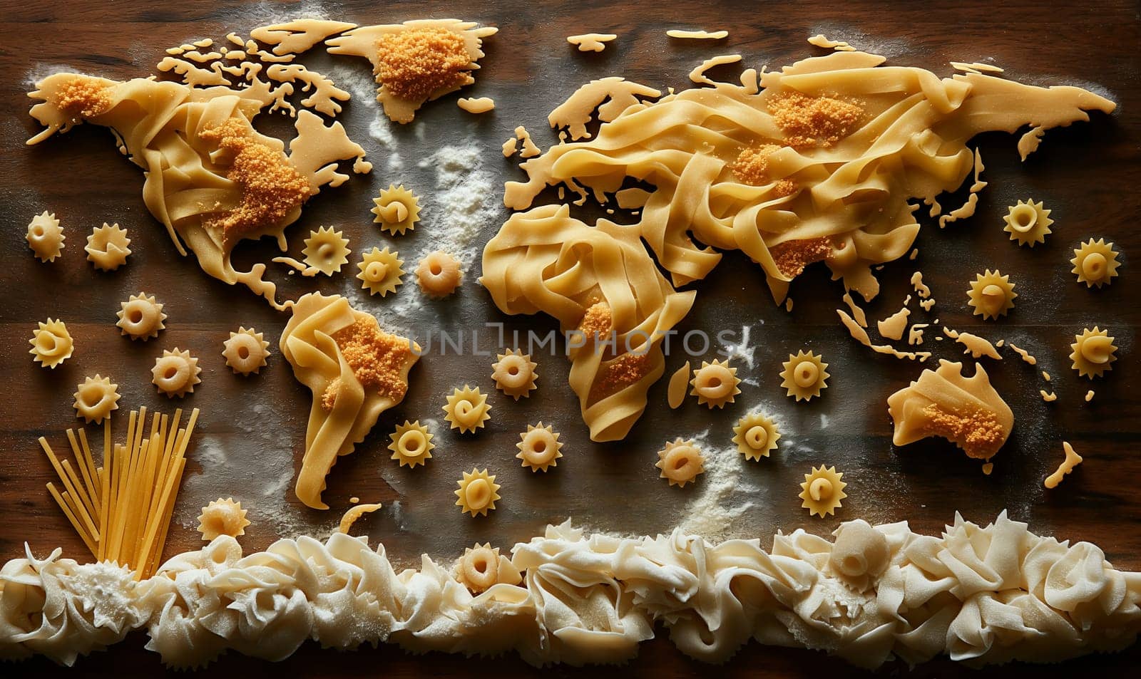 World map made from pasta. Selective focus.