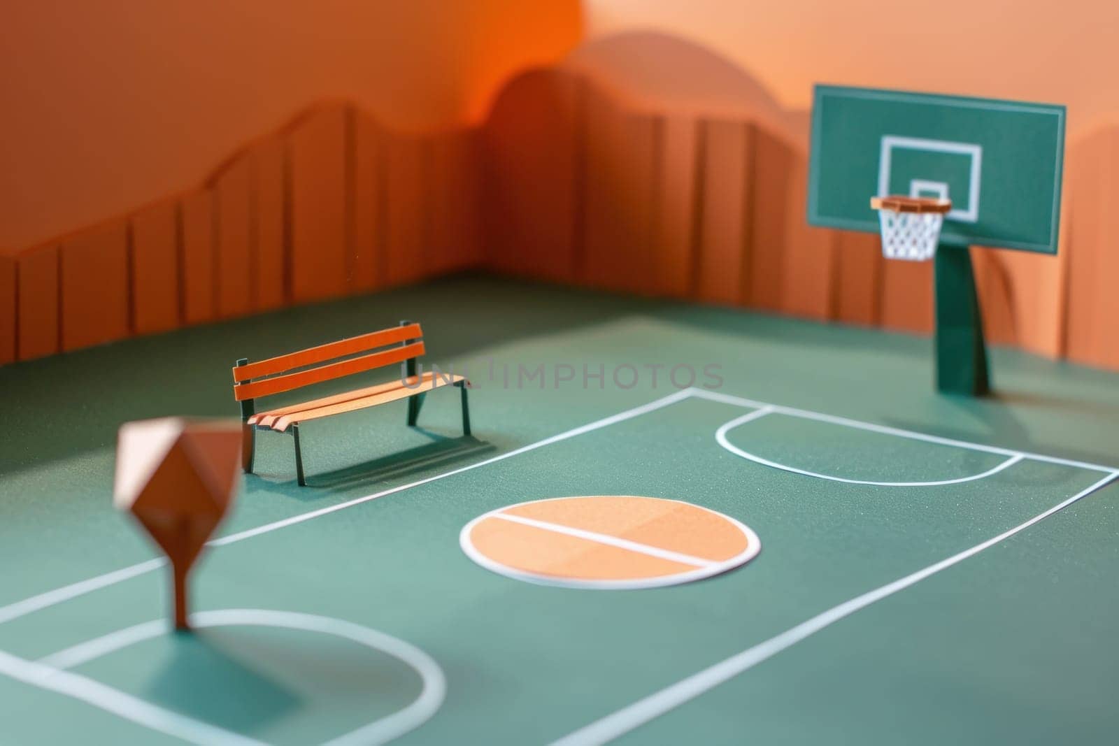 Paper model of basketball court with bench and basketball hoop for sports and recreation enthusiasts