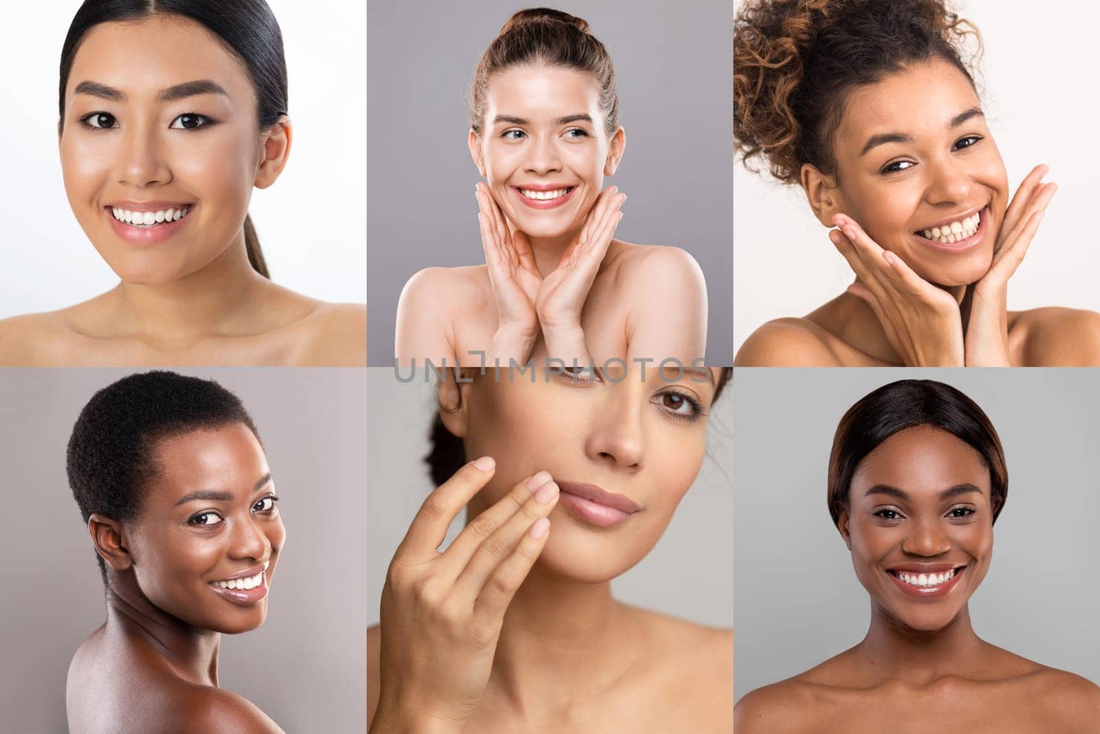 This image showcases five close-up portraits of women with diverse skin tones. All five women are smiling and looking directly at the camera, showcasing their skins natural beauty.