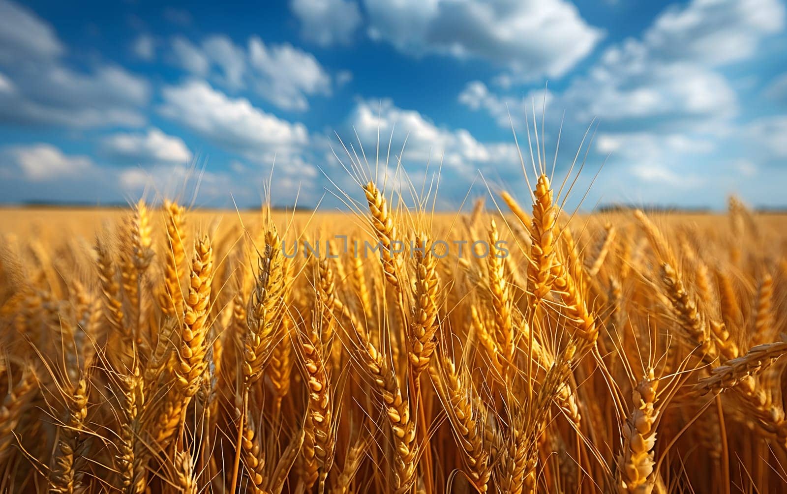 A picturesque landscape with a field of Einkorn wheat under a clear blue sky, surrounded by lush grass and scattered clouds, creating a peaceful scene for people to enjoy nature